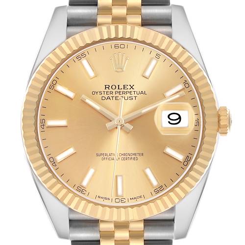 The Rolex Datejust 41 126333 Men's Steel and Gold (two tone) Champagne Dial is shown from the front, displaying the dial, fluted bezel, and part of the two-tone bracelet.