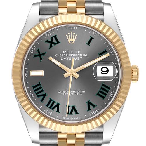 The Rolex Datejust 41 126333 Men's Steel and Gold (two tone) Grey Dial is shown from a front angle highlighting its dial, gold fluted bezel, and bracelet.