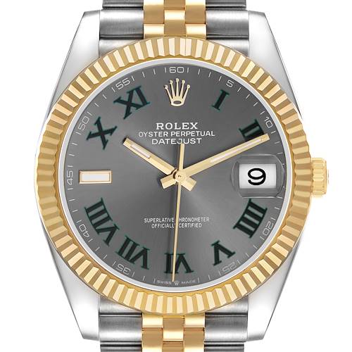 The Rolex Datejust 41 12633 Men's Steel and Gold (two tone) Grey Dial is shown from a front angle, highlighting its face, bezel, and part of the bracelet.