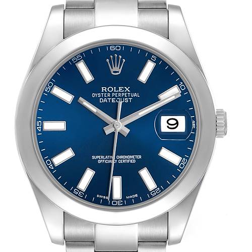 This Rolex Datejust 41 116300 Men's Stainless Steel Blue Dial is shown from the front, highlighting the blue dial, hour markers, and date window.