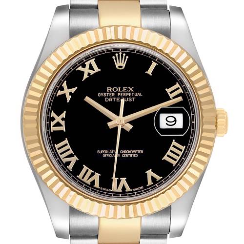 The Rolex Datejust 116333 Men's Steel and Gold (two tone) Black Dial watch is shown from a front angle, highlighting the dial, fluted bezel, Roman numerals, and bracelet.