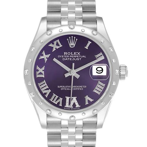 The Rolex Datejust Mid-Size watch is shown front-facing, highlighting its purple dial, Roman numerals, and bejeweled bezel.