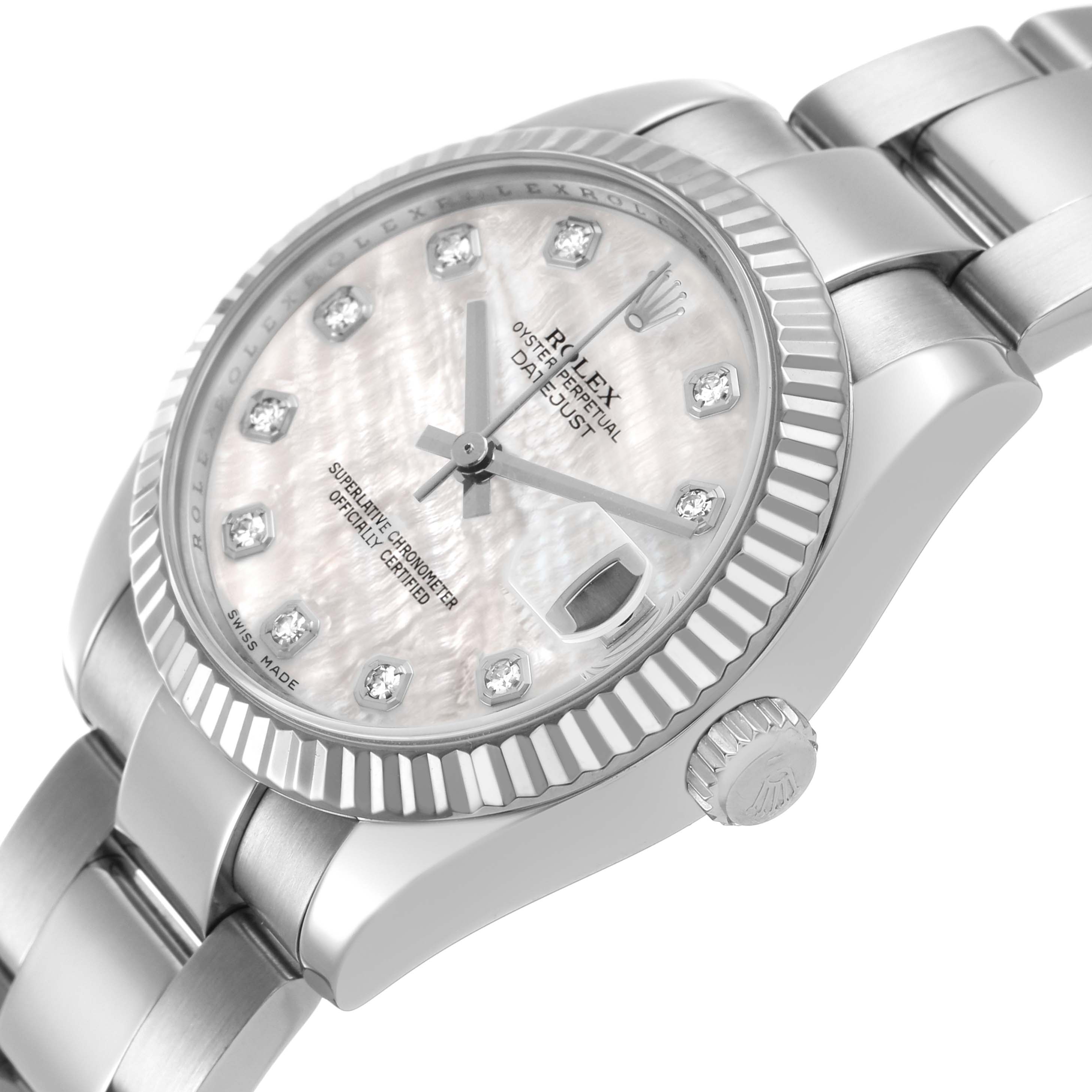 The Rolex Mid-Size 178274 Women's Stainless Steel Mother of Pearl Dial watch is shown at an angled view, highlighting the dial, bezel, bracelet, and crown.