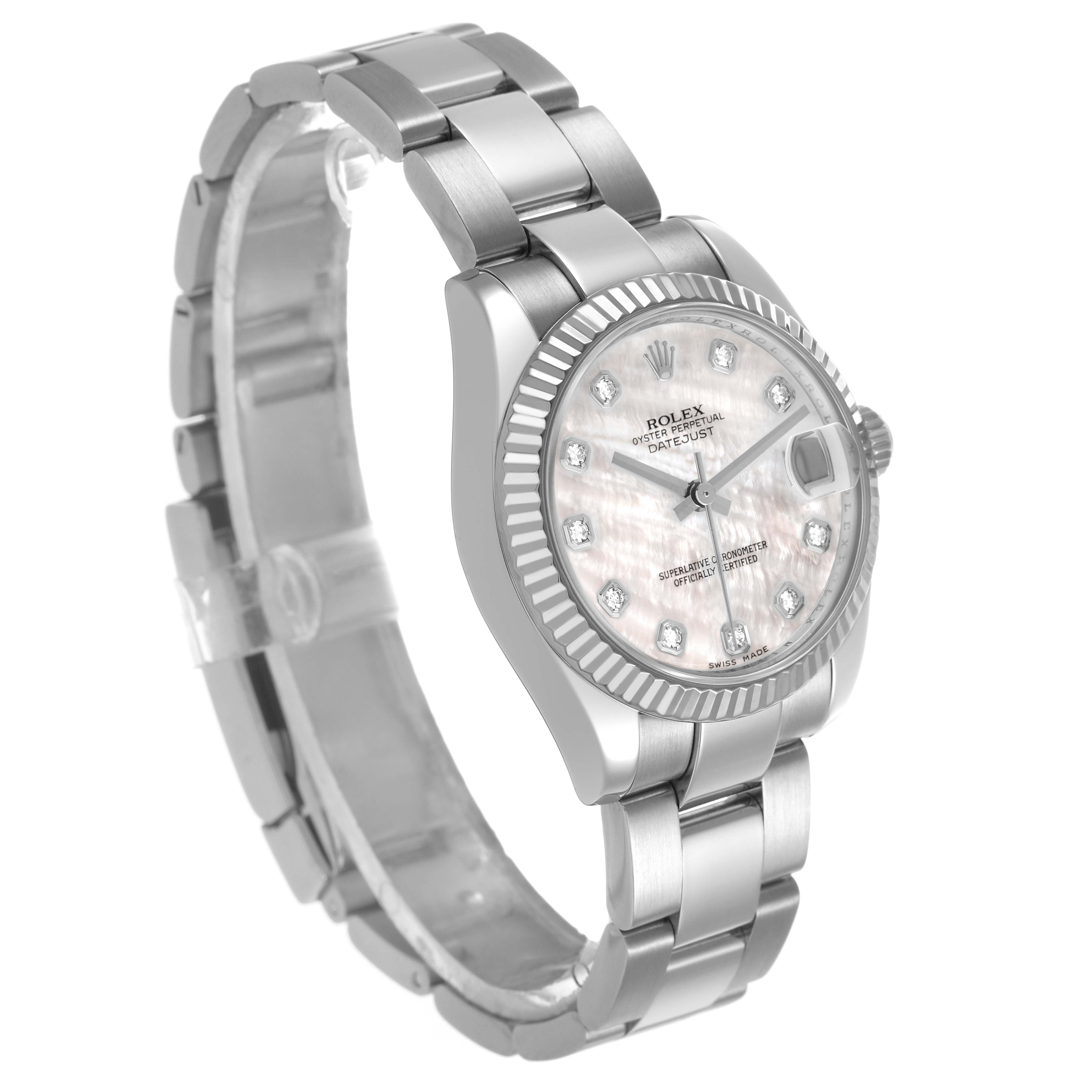 The Rolex Mid-Size 178274 Women's Stainless Steel Mother of Pearl Dial watch is shown at a three-quarter angle, displaying the face, bezel, and bracelet.