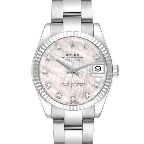 The image shows a Rolex Datejust Mid-Size watch from a front angle, highlighting the dial, bezel, and bracelet.