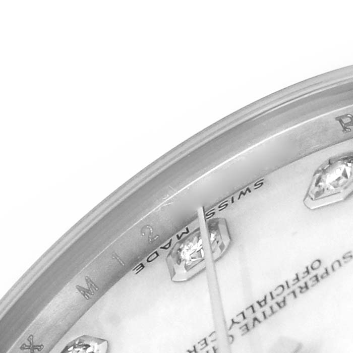 The image shows a close-up view of the dial, bezel, and markers of a Rolex Mid-Size 178274 Women's Stainless Steel Mother of Pearl Dial watch.