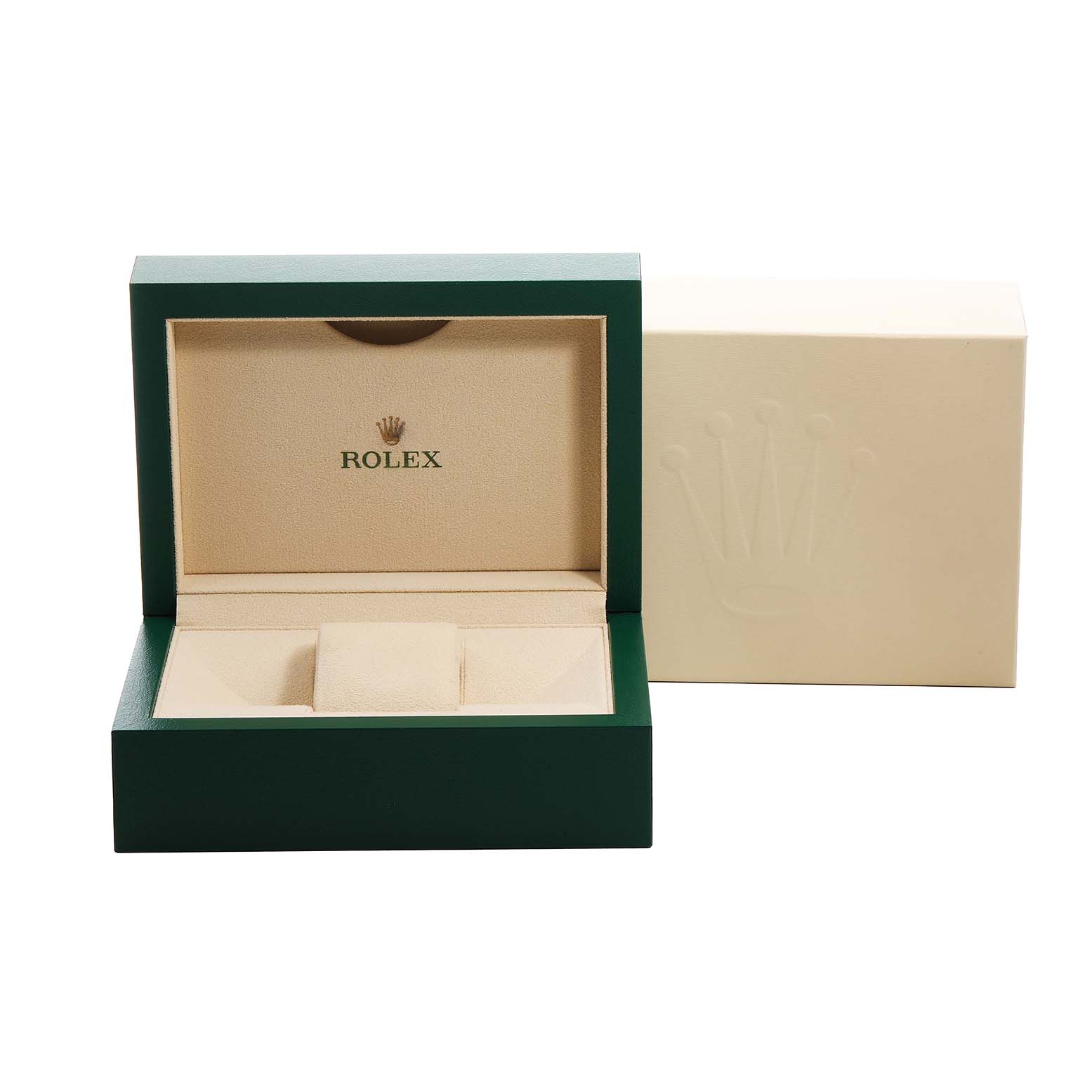 The image shows an open Rolex watch box for a Mid-Size model, with the lid displaying the brand logo.