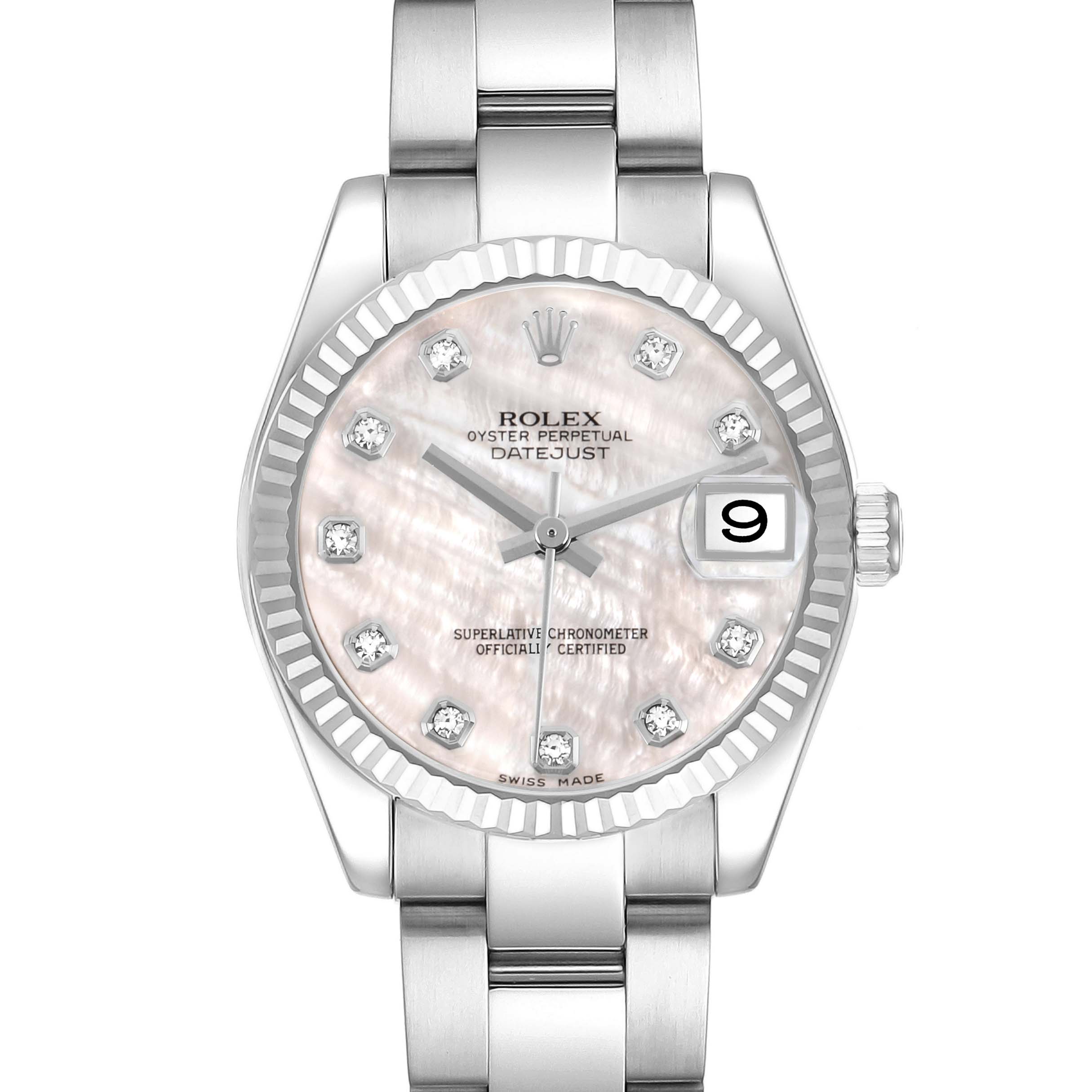 The Rolex Mid-Size 178274 Women's Stainless Steel Mother of Pearl Dial Datejust watch is shown from the front, displaying the face, bezel, and part of the bracelet.