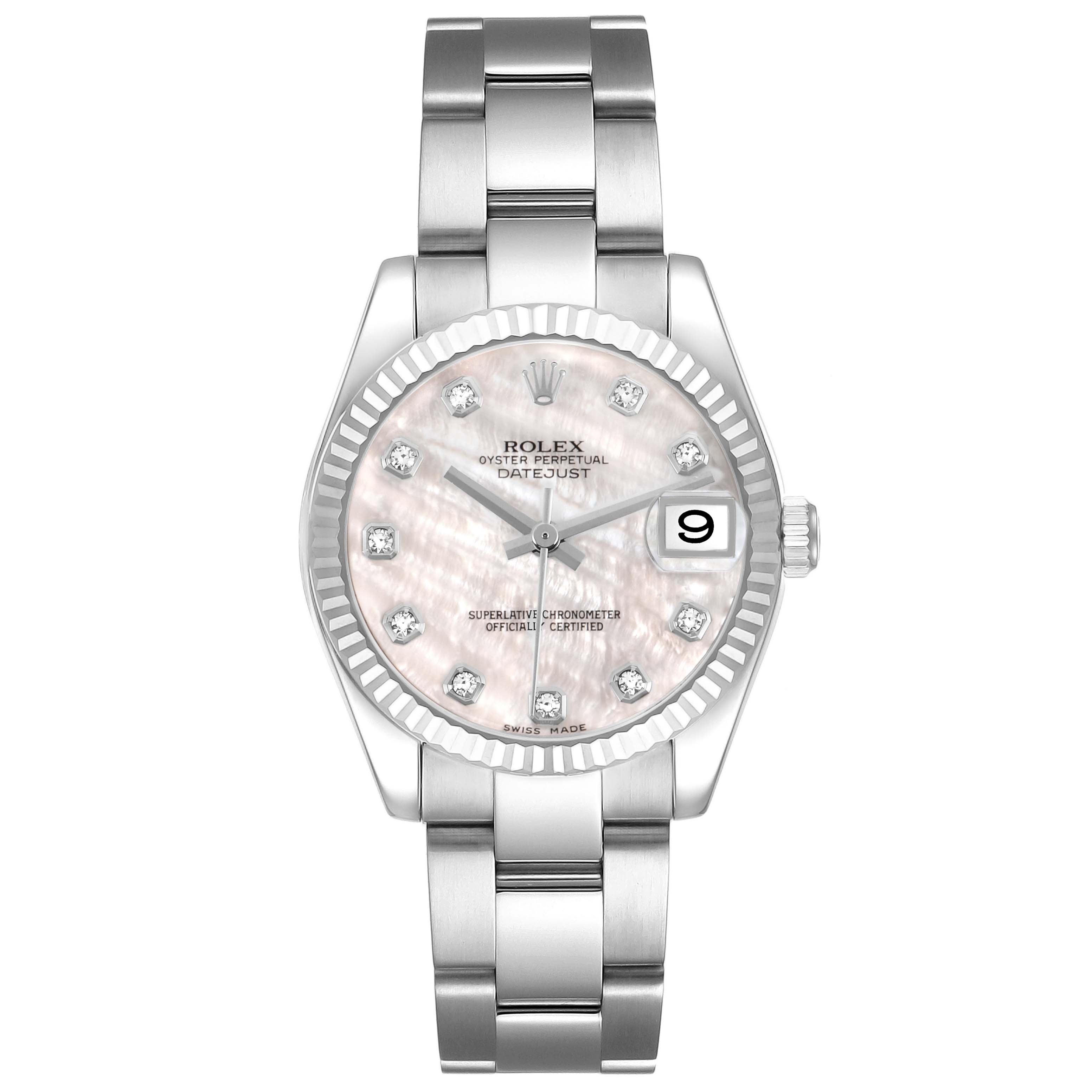 The Rolex Mid-Size 178274 Women's Stainless Steel Mother of Pearl Dial watch is shown from a front view, displaying its face, bracelet, and date feature.