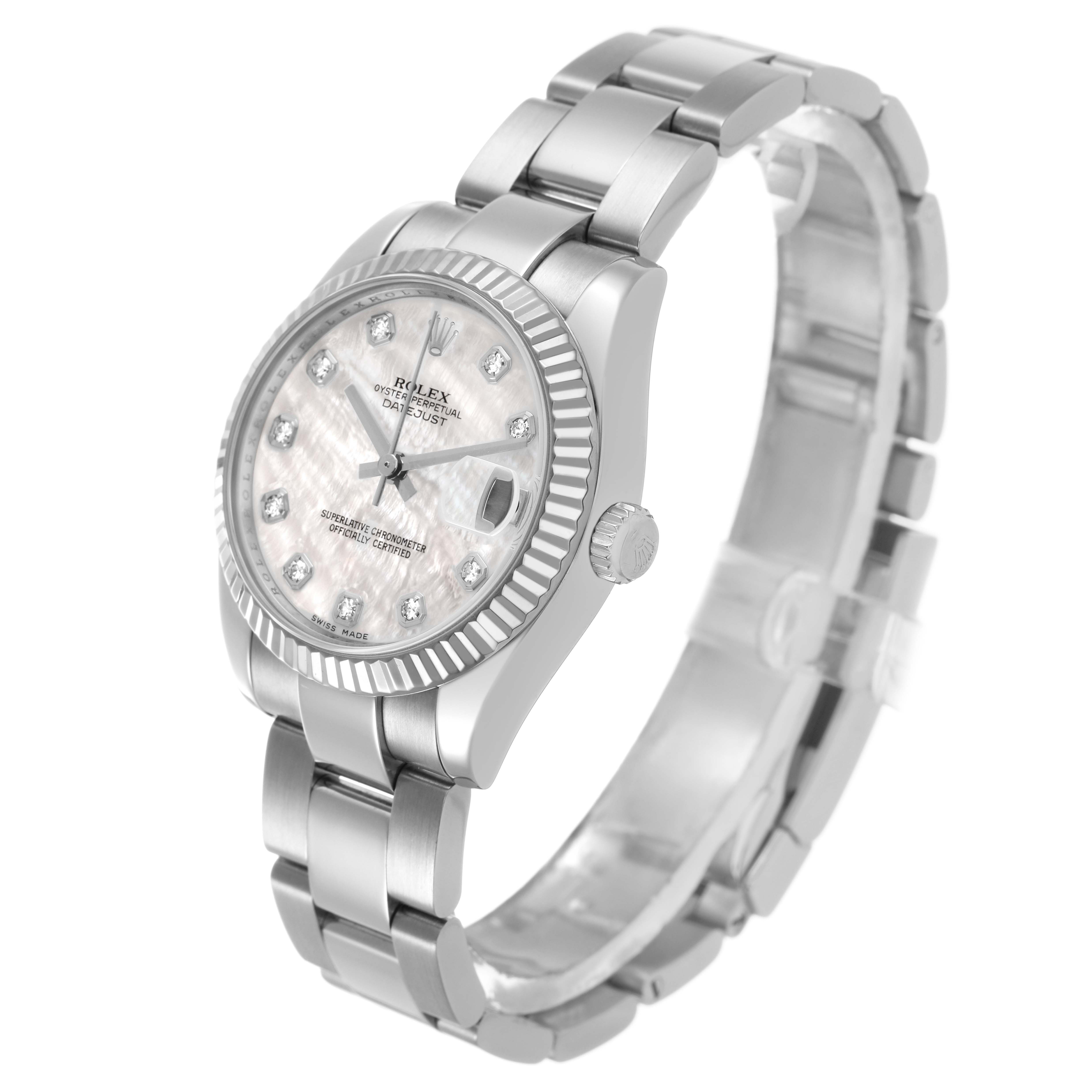 The Rolex Mid-Size 178274 Women's Stainless Steel Mother of Pearl Dial watch is shown at an angled side view, displaying the face, bezel, crown, and bracelet.