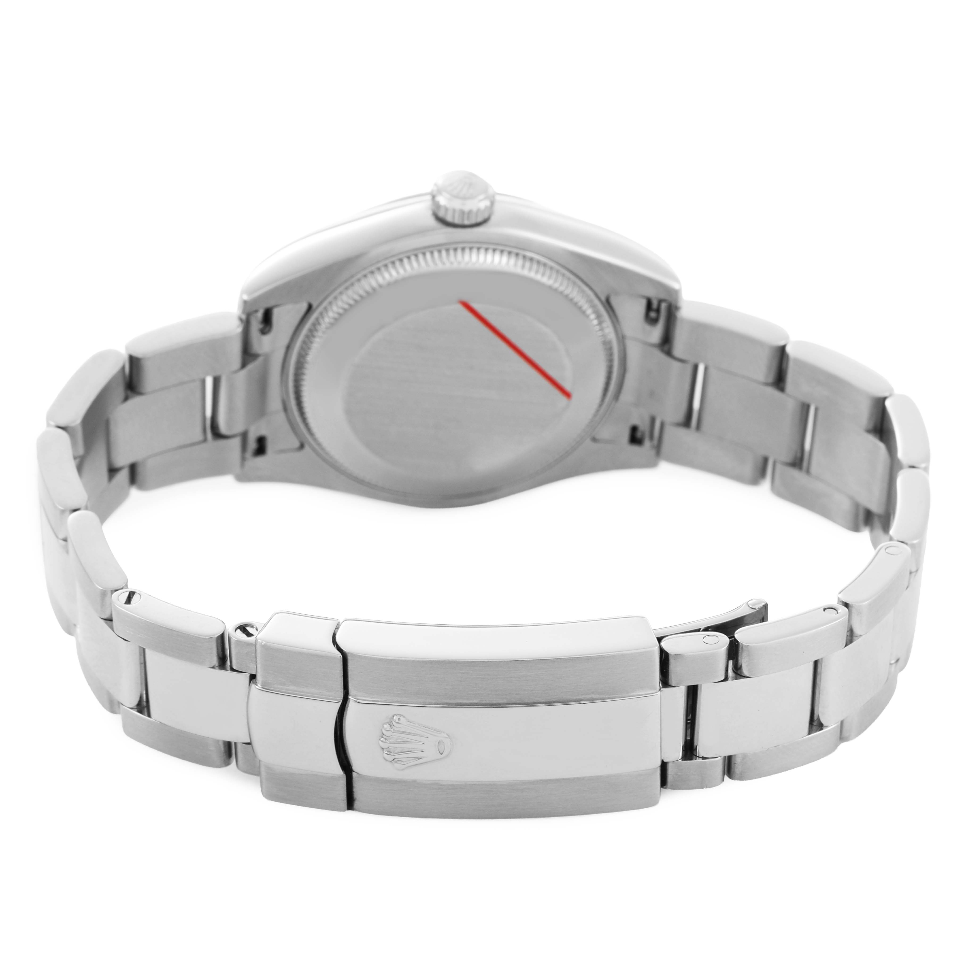 The Rolex Mid-Size 178274 Women's Stainless Steel Mother of Pearl Dial watch is shown from the back, highlighting the bracelet, clasp, and case back.