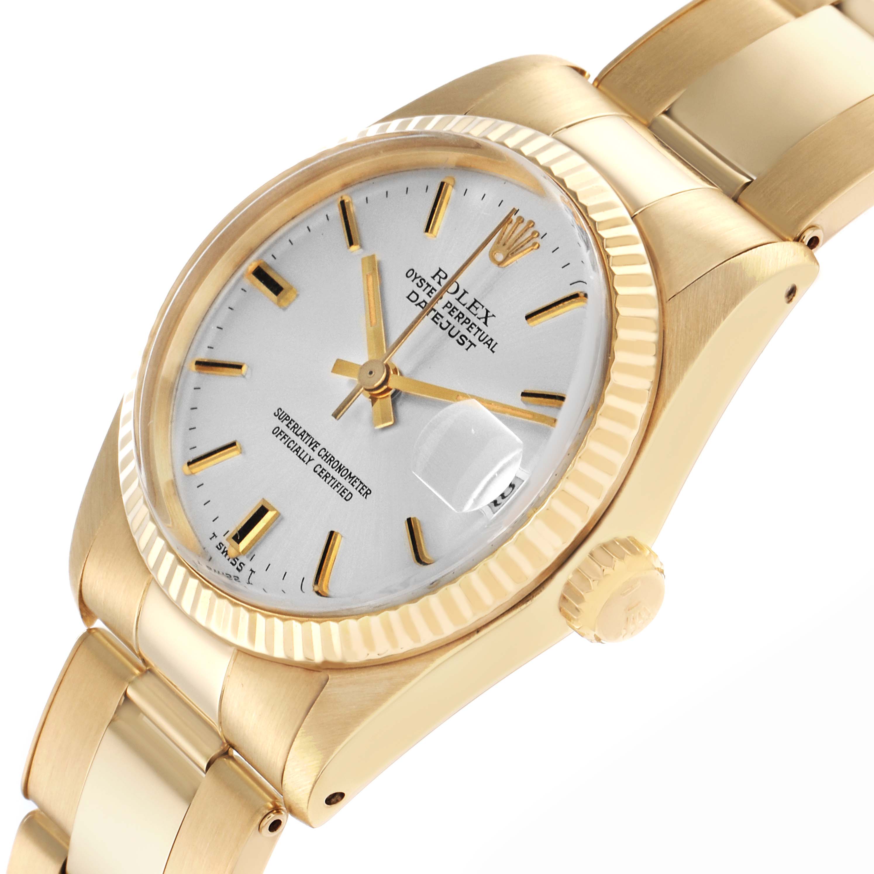 The Rolex Vintage Collection model 6827 is shown at a slight side angle, highlighting the gold case, fluted bezel, crown, bracelet, and white dial with golden markers.