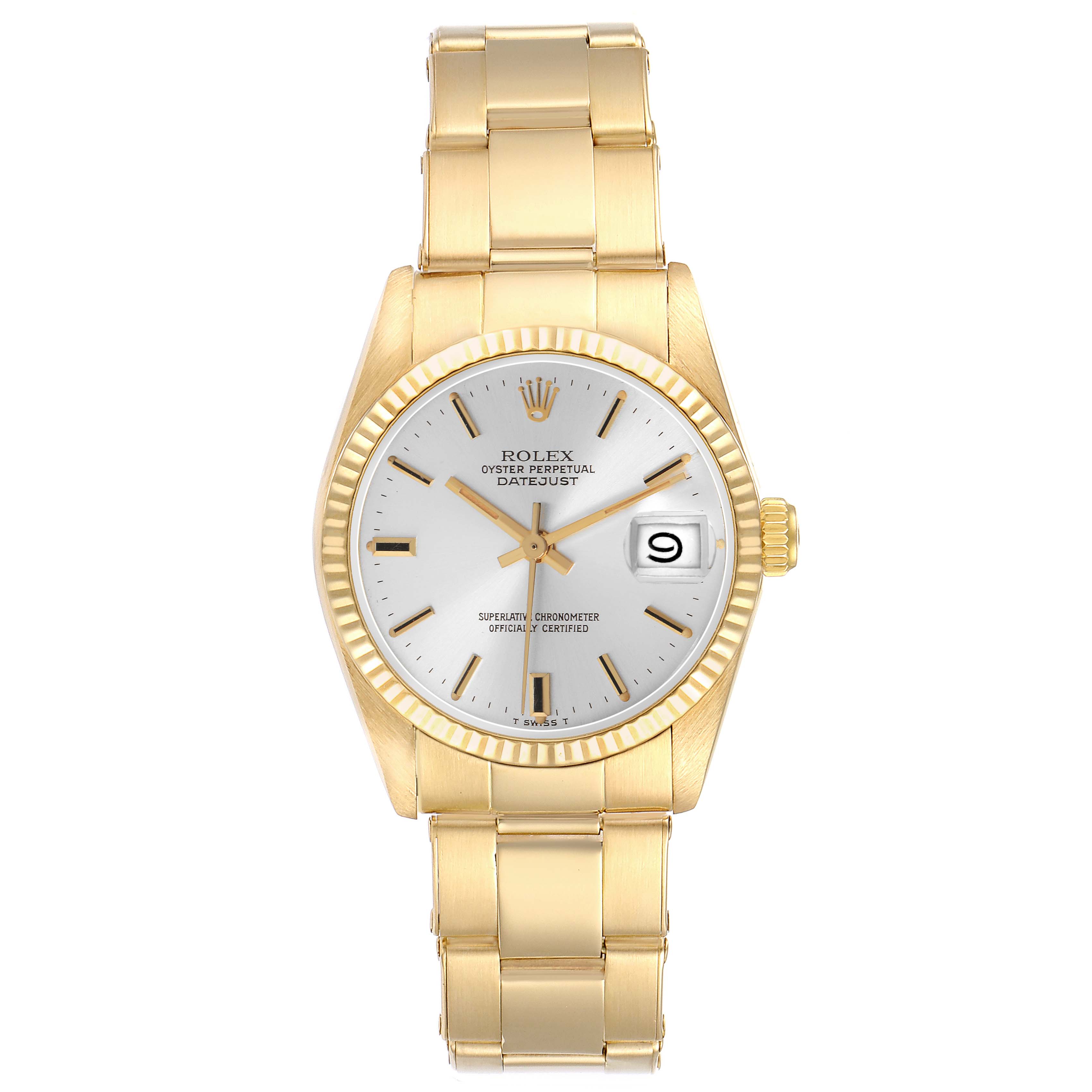 The Rolex Vintage Collection model 6827 men's watch is shown from a top-down angle, displaying its gold bracelet, white dial, and date window.