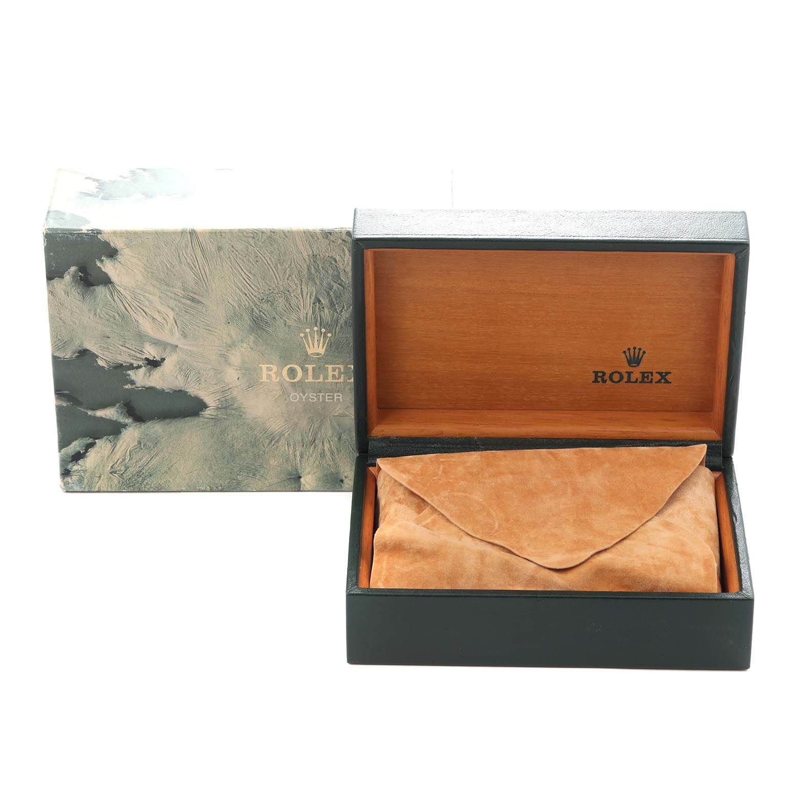 The image shows a Rolex Vintage Collection model number 6827 watch box and packaging, with an open wooden box and suede pouch inside.