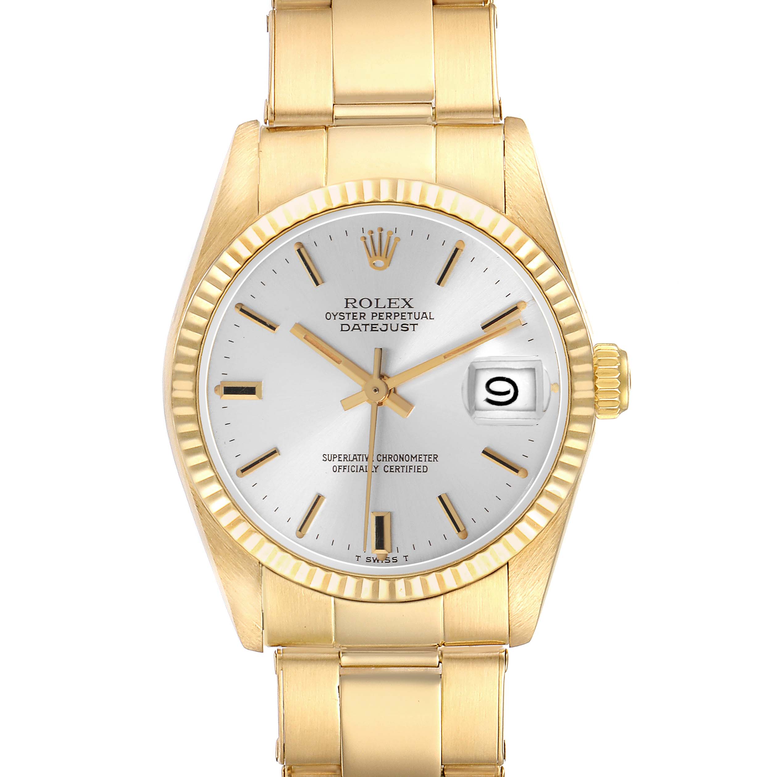 The Rolex Vintage Collection model 6827 is shown from a front angle, highlighting the gold bracelet, fluted bezel, white dial, and date window.
