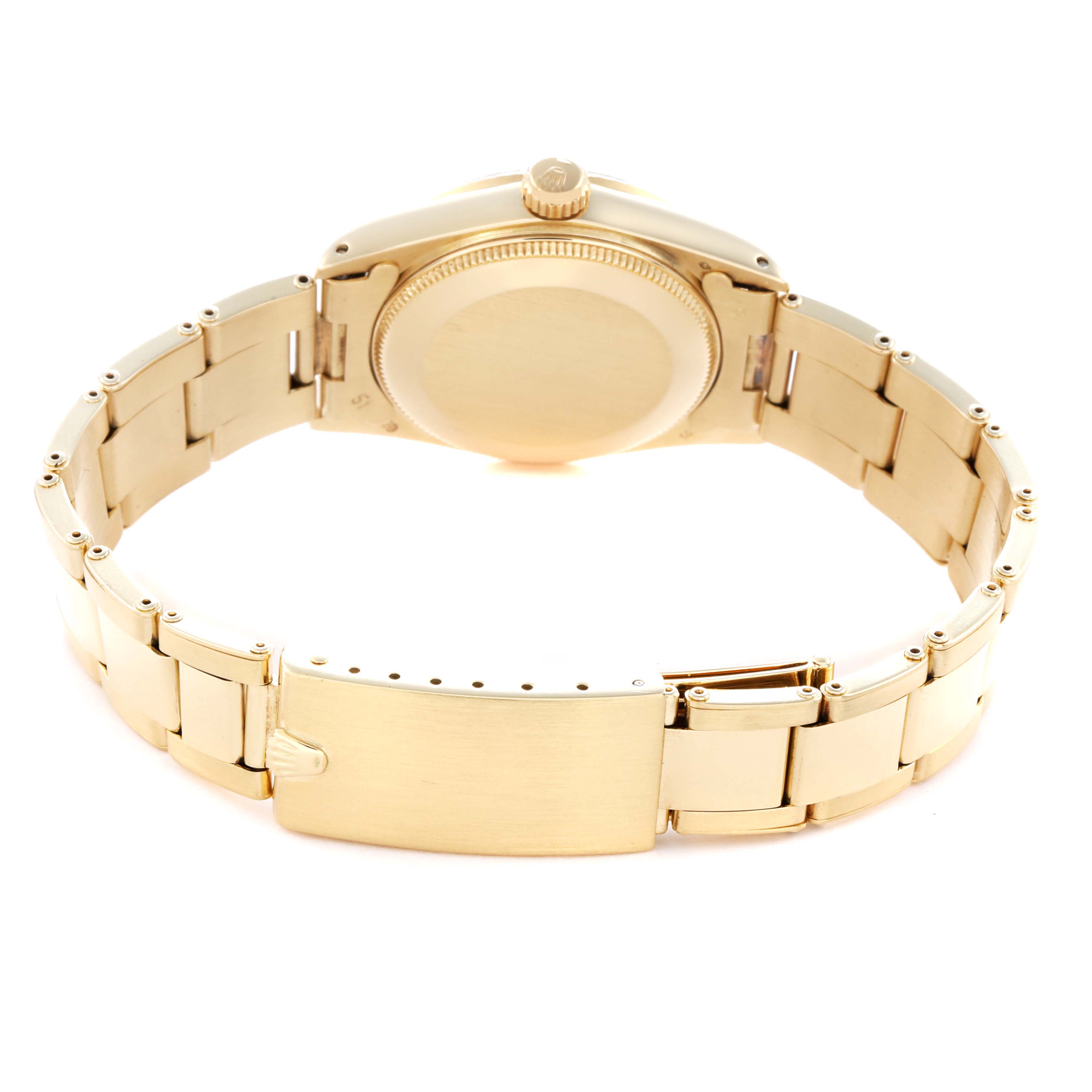 The image shows the back view of the Rolex Vintage Collection model 6827 men's watch, highlighting the case back, crown, and bracelet clasp.