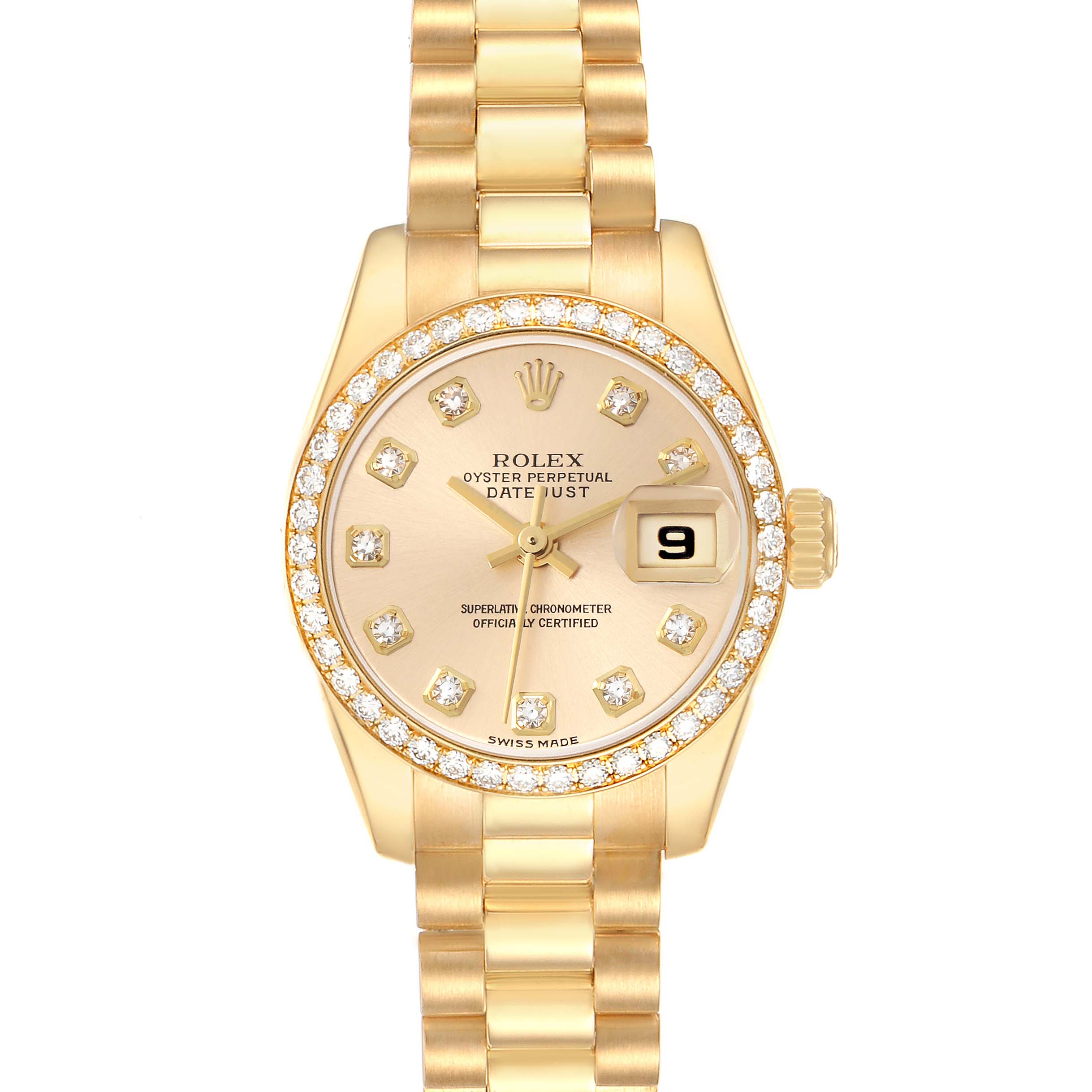The image shows a front view of the Rolex President model 179138 men's watch, highlighting its gold bracelet, diamond bezel, and date display.