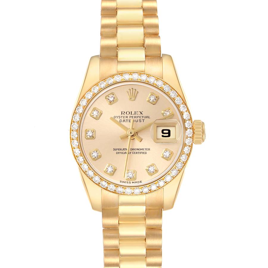 The image shows a front view of the Rolex President model 179138 men's watch, highlighting its gold bracelet, diamond bezel, and date display.