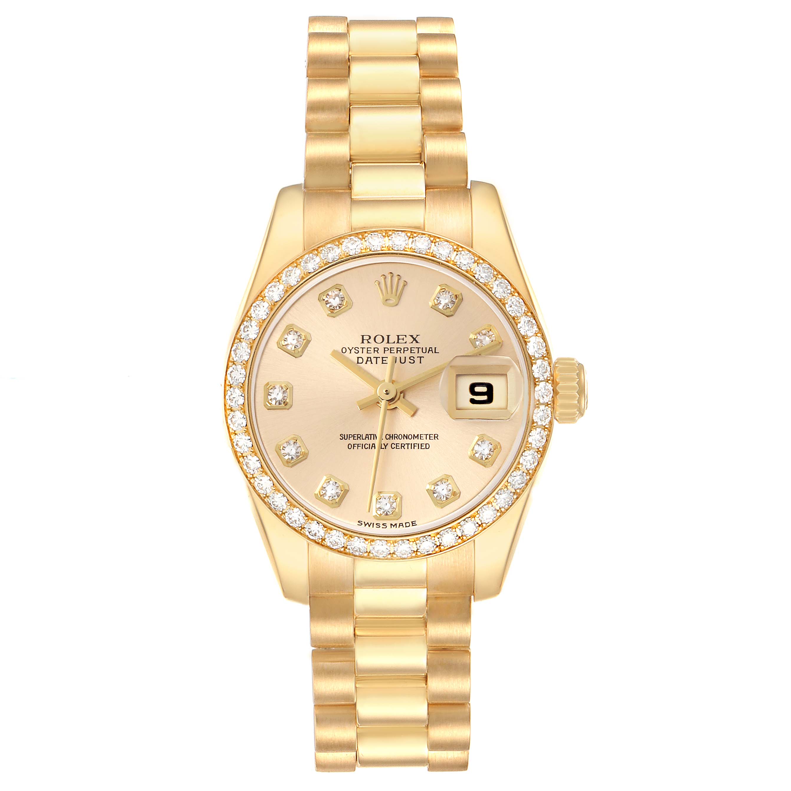 The Rolex President model 179138 is shown from a top view, displaying its gold bracelet, diamond bezel, and dial with date feature.