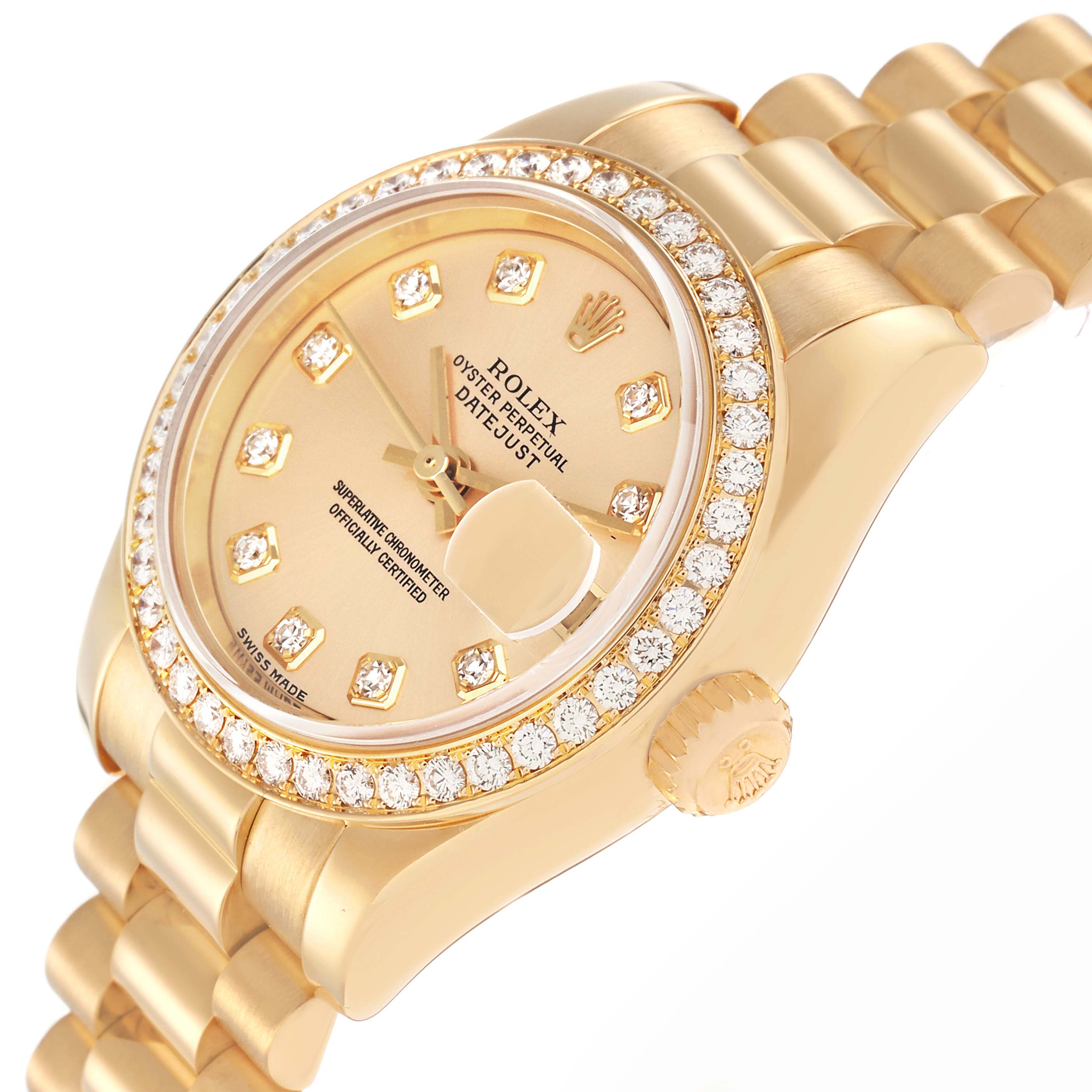 The image shows a Rolex President model 179138 men's watch at a slight angle, highlighting the dial, diamond bezel, and part of the bracelet.