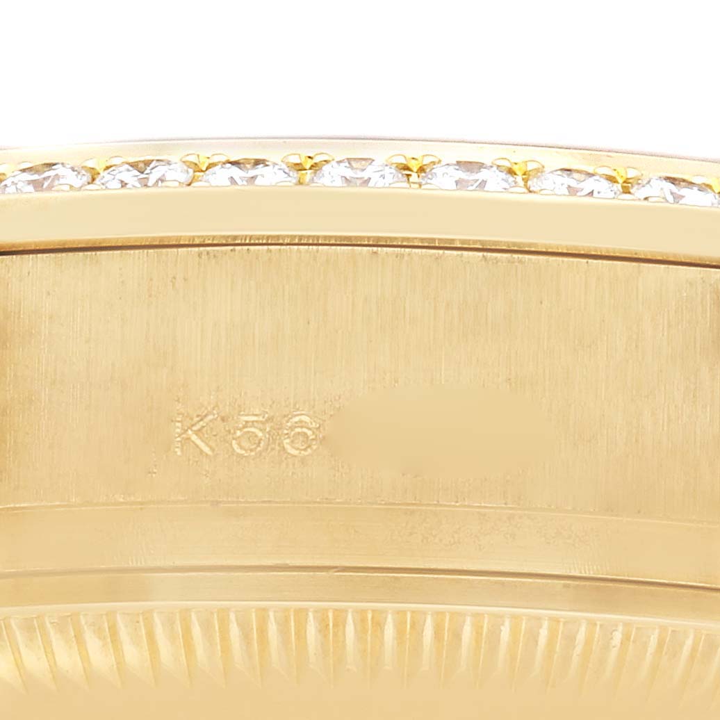 The image shows a close-up of the Rolex President model 179138, featuring diamond detailing on the edge of the bezel.