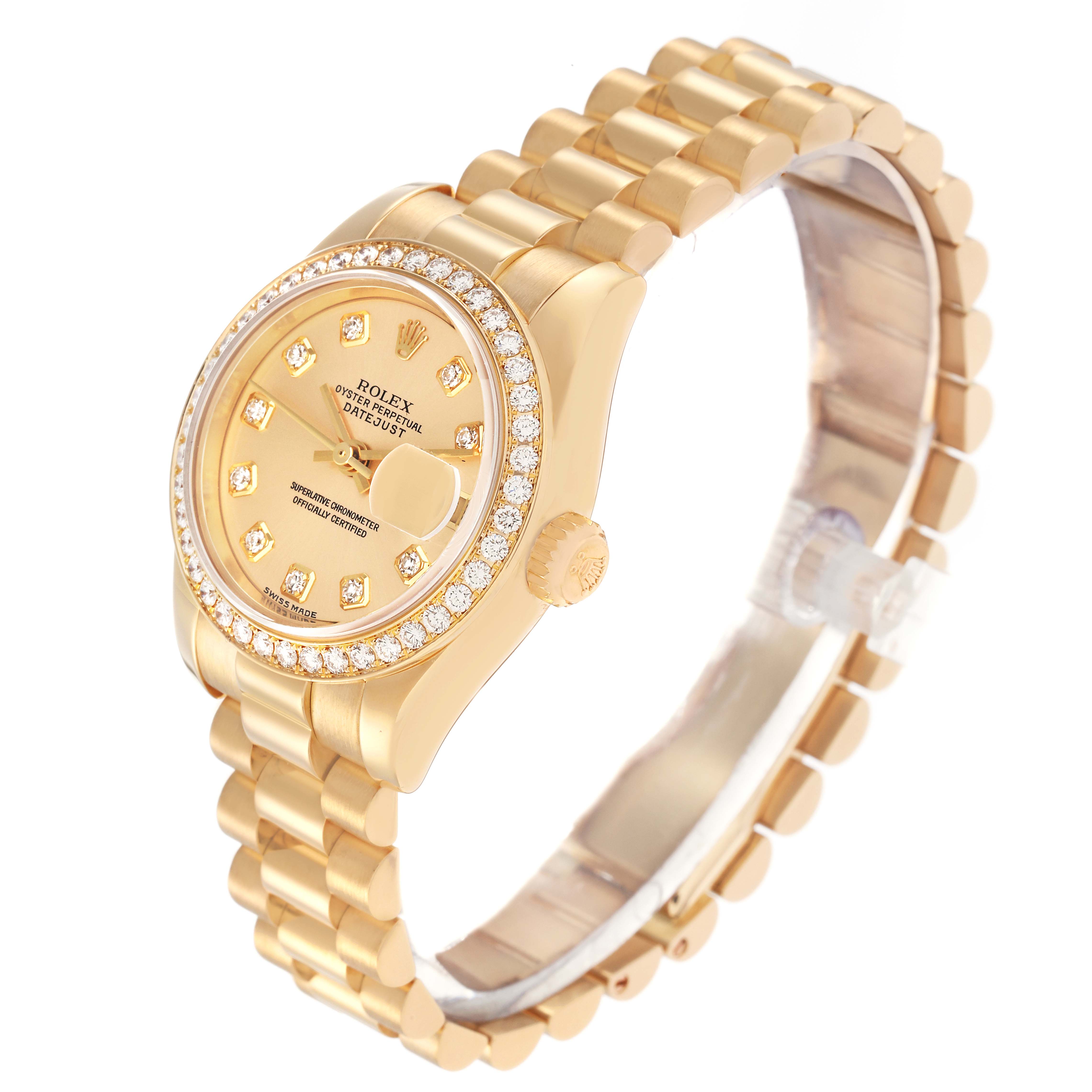 The Rolex President model 179138 watch is shown at an angled side view, highlighting the gold case, diamond-set bezel, dial, and part of the bracelet.