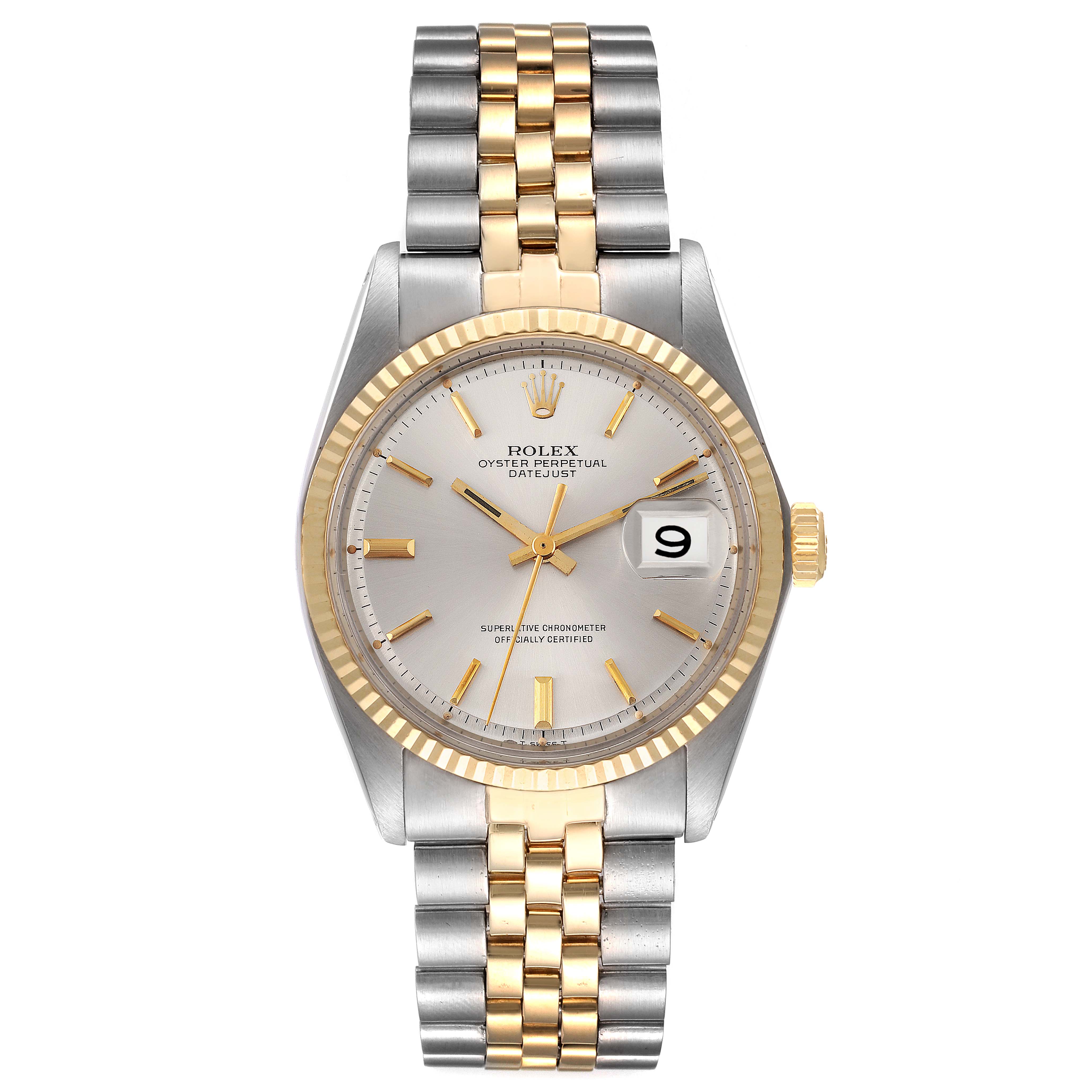 The image shows a front view of a Rolex Vintage Collection 1601 Men's Steel and Gold (two tone) Silver Dial 1601 Men's Steel and Gold (two tone) Silver Dial watch, highlighting its dial, bezel, and two-tone bracelet.