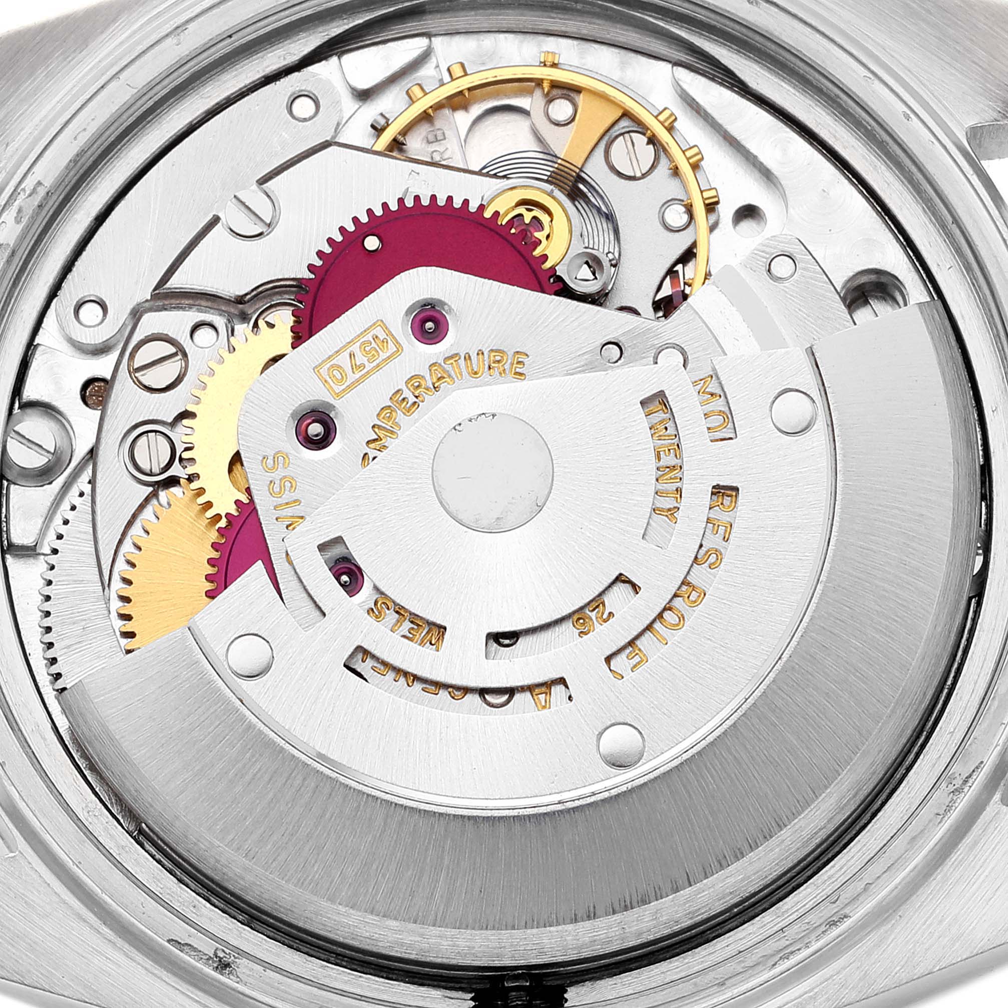 The image shows the internal mechanical movement of a Rolex Vintage Collection 1601 Men's Steel and Gold (two tone) Silver Dial 1601 Men's Steel and Gold (two tone) Silver Dial model from a top view angle.