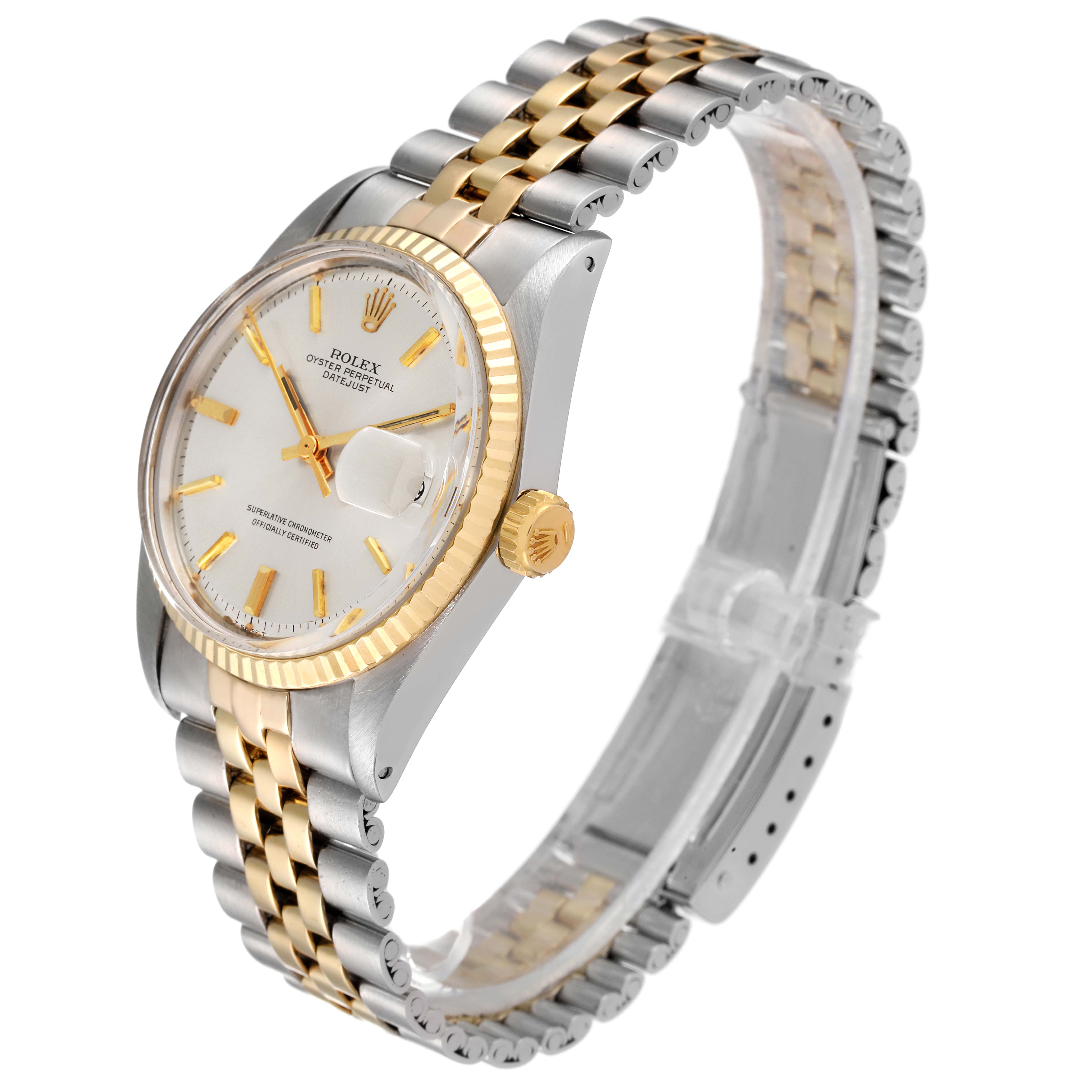 The Rolex Vintage Collection 1601 Men's Steel and Gold (two tone) Silver Dial 1601 Men's Steel and Gold (two tone) Silver Dial watch is shown at an angle highlighting the dial, crown, and two-tone bracelet.