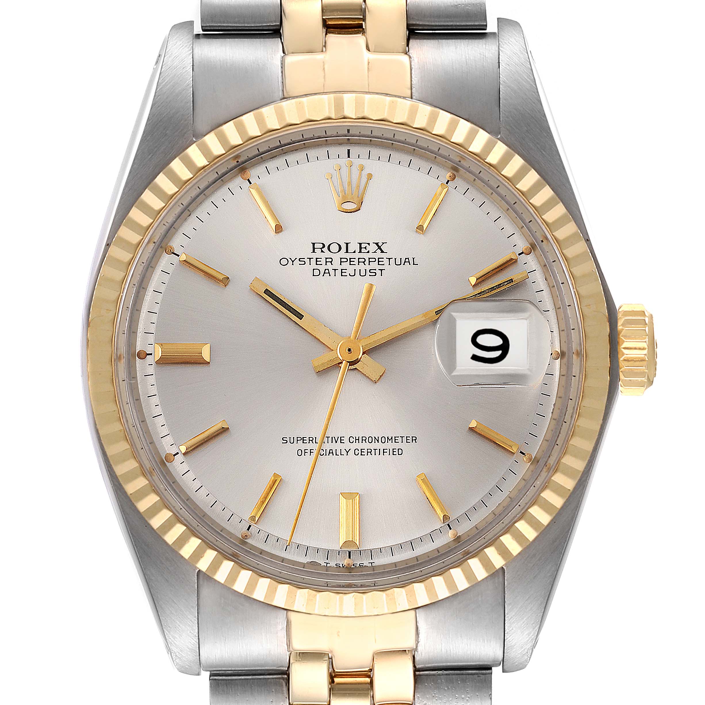 The image shows a frontal view of the Rolex Vintage Collection 1601 Men's Steel and Gold (two tone) Silver Dial 1601 Men's Steel and Gold (two tone) Silver Dial Datejust watch, highlighting the dial, hands, date window, and bracelet.