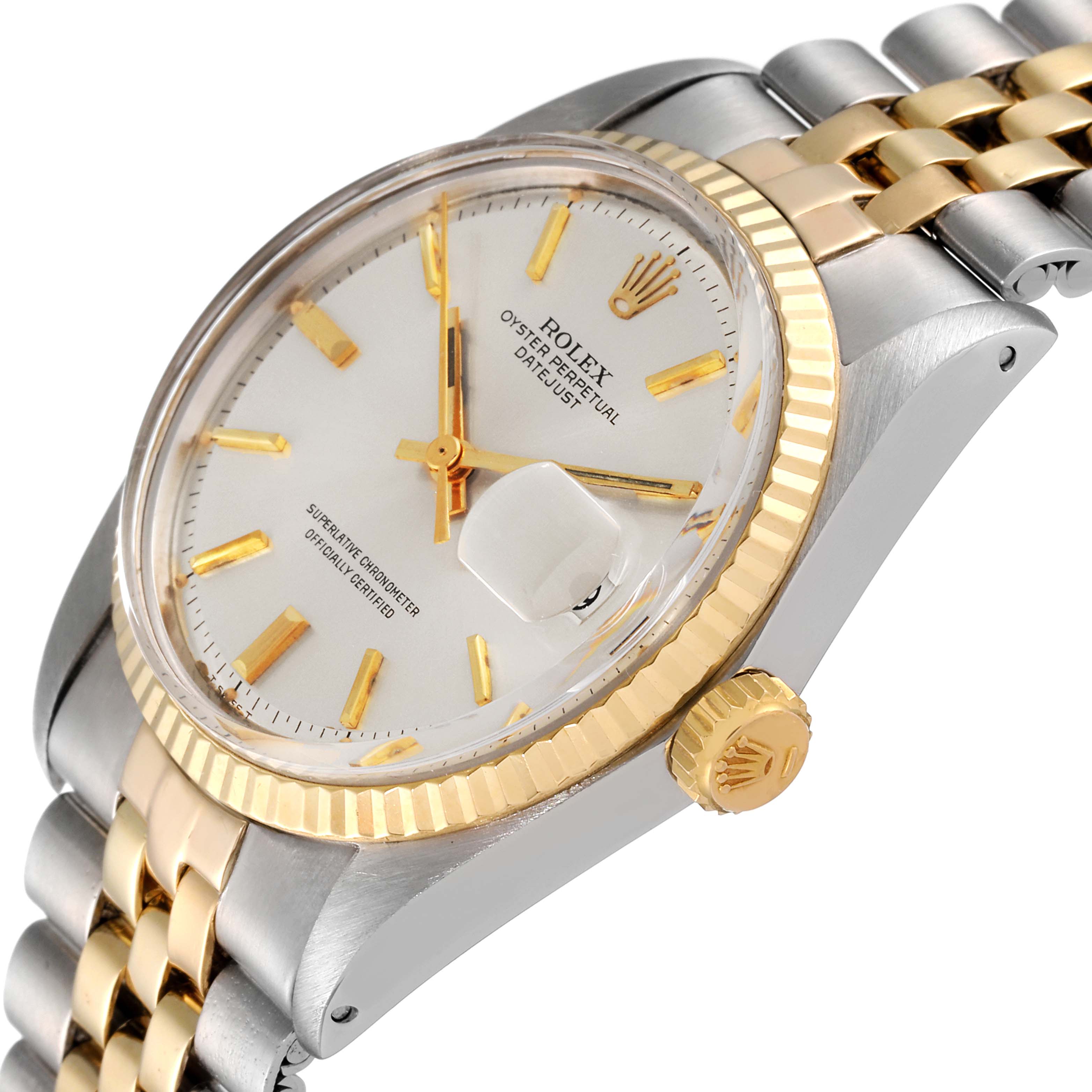 The Rolex Vintage Collection 1601 Men's Steel and Gold (two tone) Silver Dial 1601 Men's Steel and Gold (two tone) Silver Dial watch is shown at an angled view, highlighting the dial, bezel, crown, and part of the bracelet.