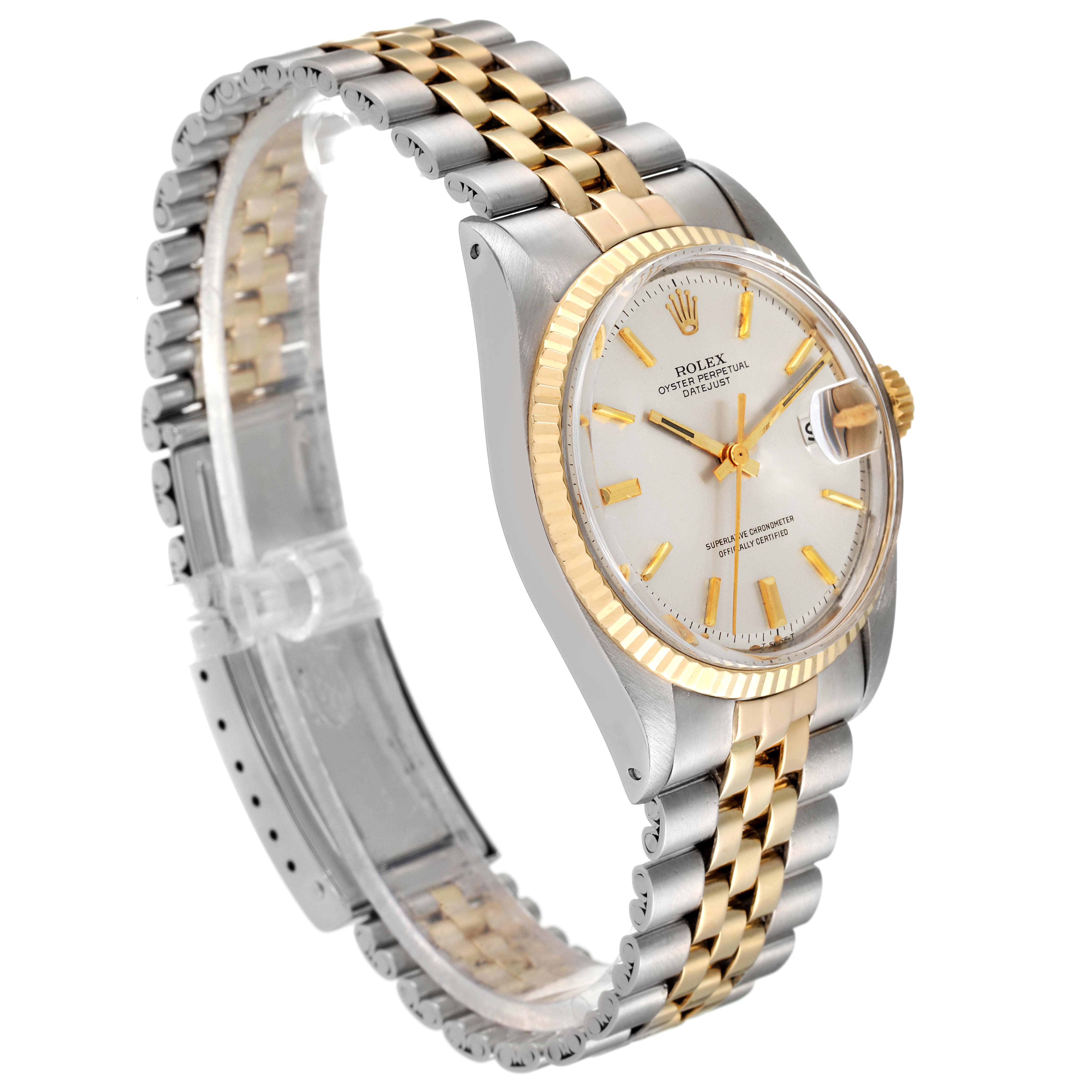 The image shows a side angle of a Rolex Vintage Collection 1601 Men's Steel and Gold (two tone) Silver Dial 1601 Men's Steel and Gold (two tone) Silver Dial watch featuring a two-tone metal bracelet and a fluted bezel.