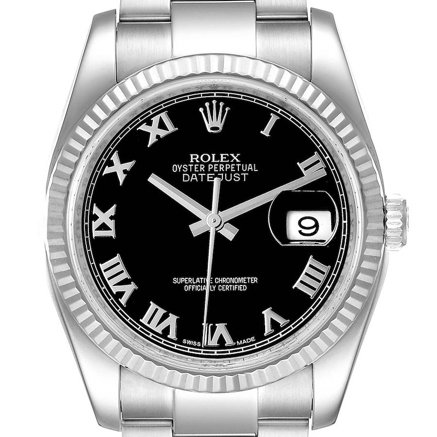 This image shows a front view of the Rolex Datejust watch, highlighting its black dial, Roman numerals, date window, and stainless steel bracelet.