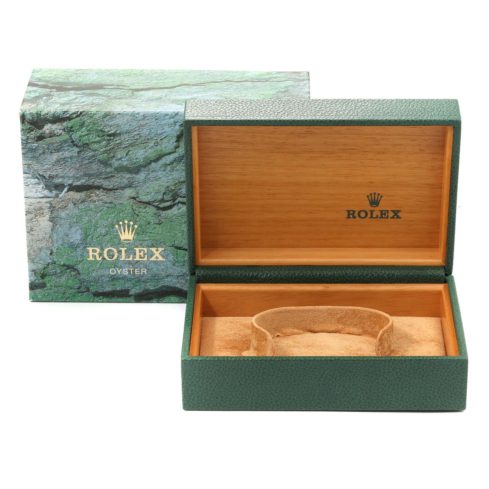 This image shows an open Rolex Datejust 16233 Men
s Steel and Gold (two tone) Champagne Dial 16233 Men
s Steel and Gold (two tone) Champagne Dial watch box, with exterior and interior packaging displayed.