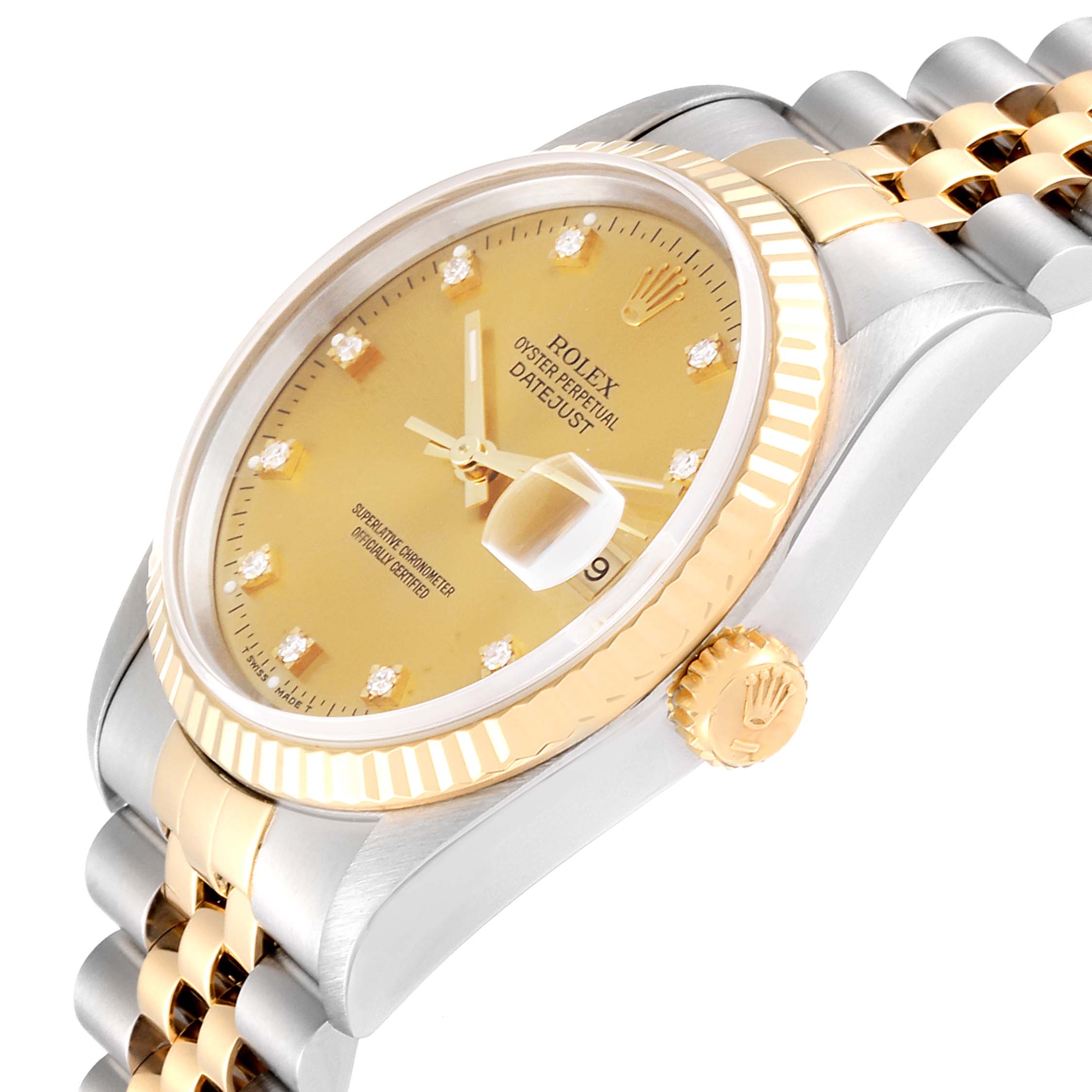 The Rolex Datejust 16233 Men
s Steel and Gold (two tone) Champagne Dial 16233 Men
s Steel and Gold (two tone) Champagne Dial watch is shown from an angled side view, highlighting the dial, bezel, crown, and part of the bracelet.
