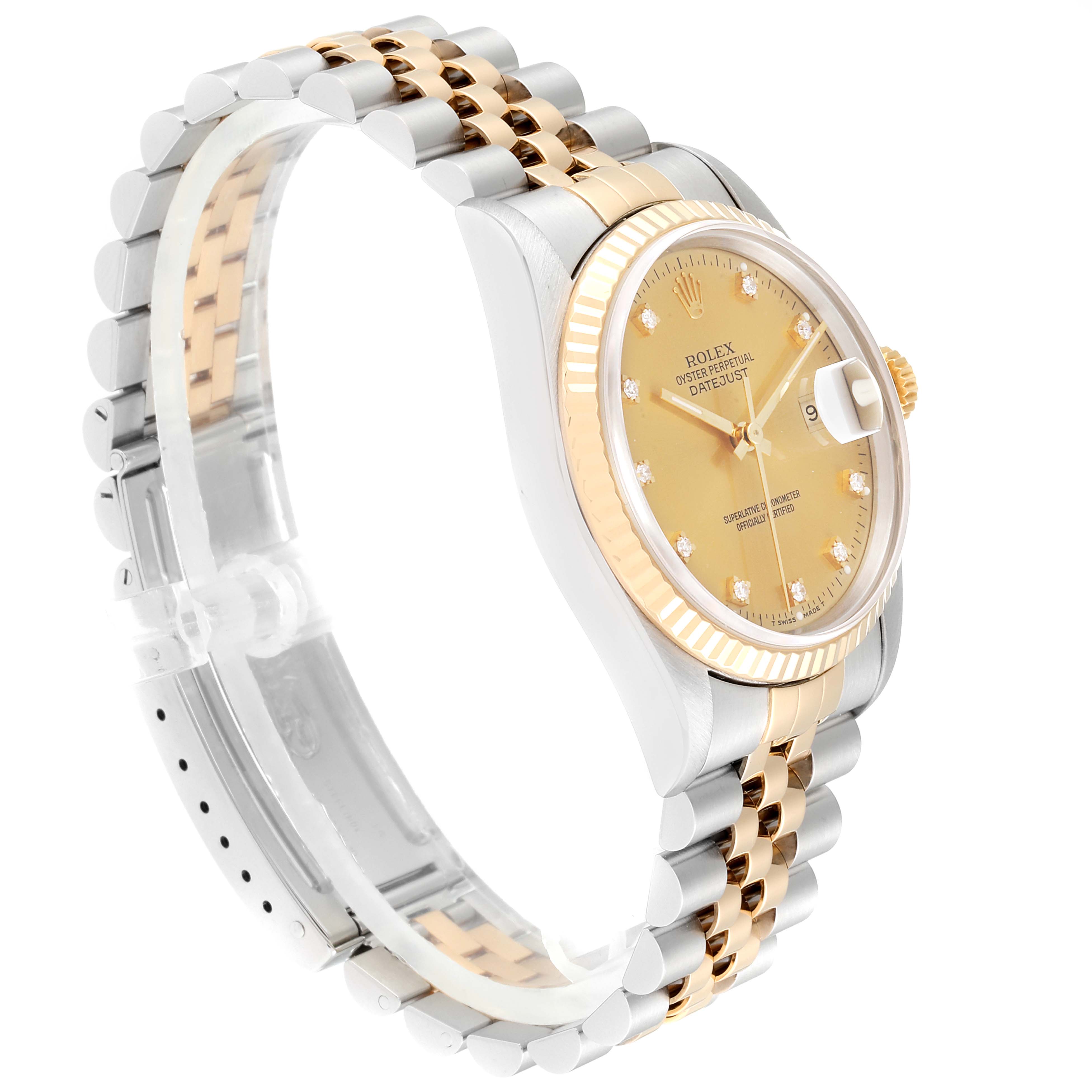The image shows a side angle of the Rolex Datejust 16233 Men
s Steel and Gold (two tone) Champagne Dial 16233 Men
s Steel and Gold (two tone) Champagne Dial watch, highlighting its two-tone bracelet and gold dial.