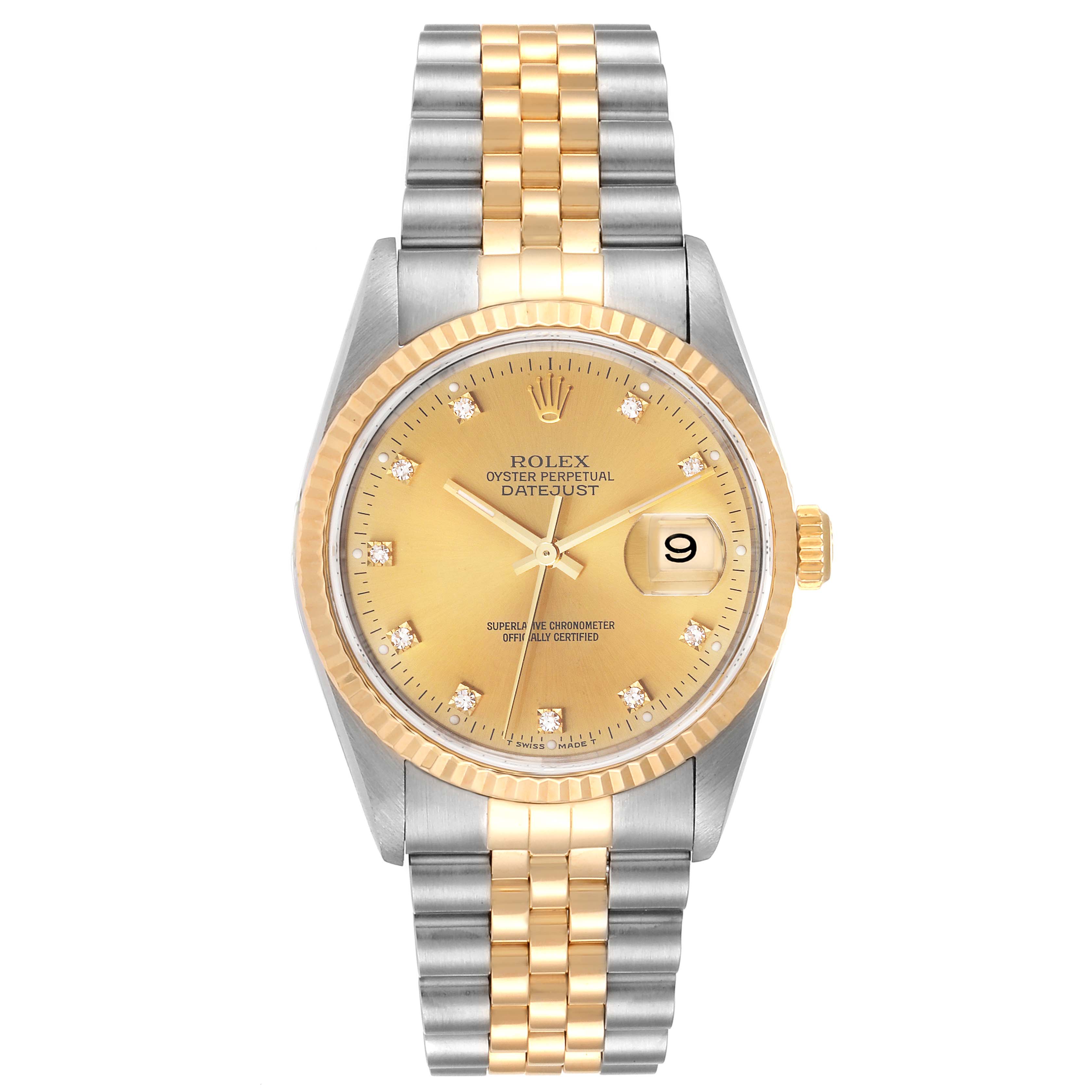 The image shows a full frontal view of a Rolex Datejust 16233 Men
s Steel and Gold (two tone) Champagne Dial 16233 Men
s Steel and Gold (two tone) Champagne Dial watch, highlighting its dial, bezel, and two-tone bracelet.