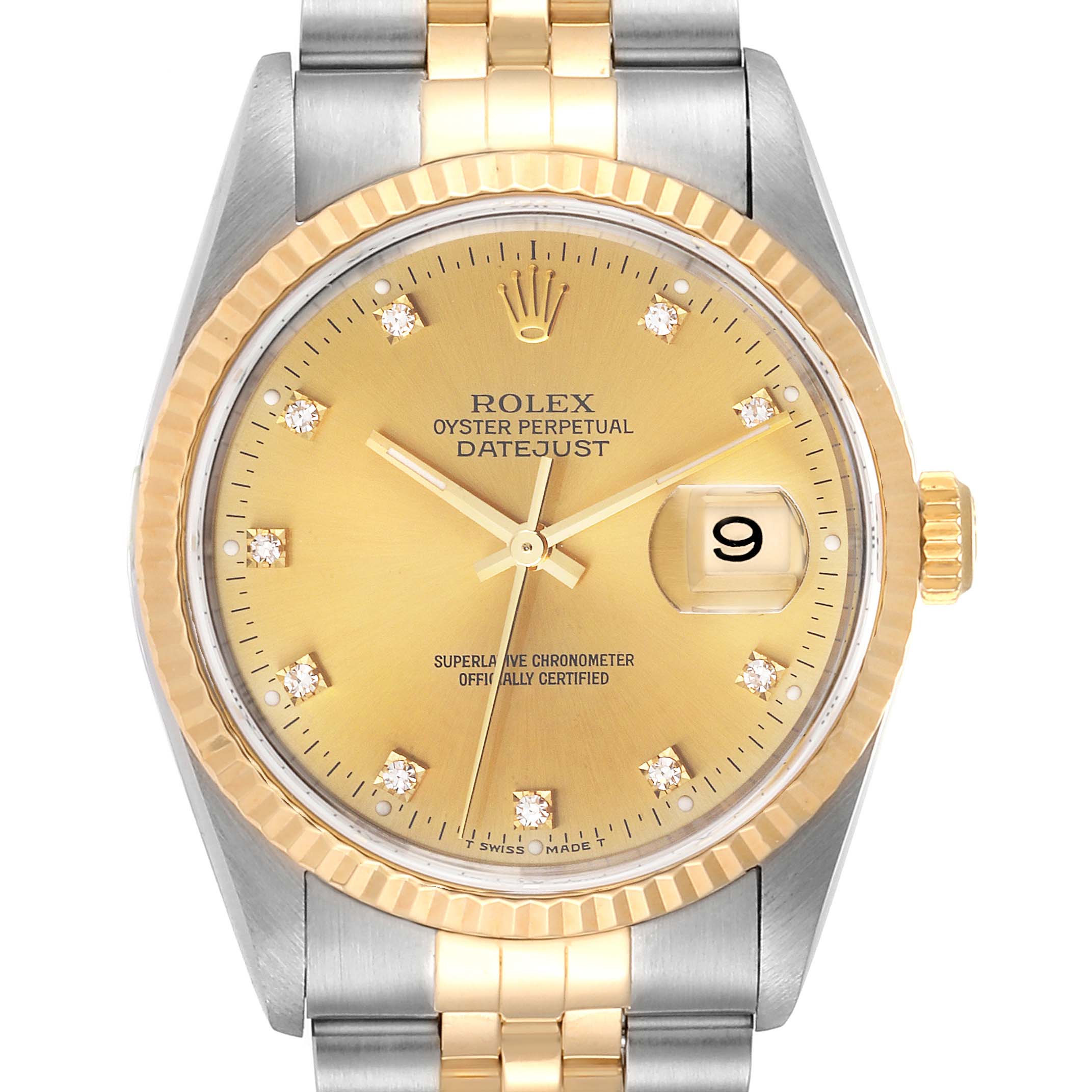This image shows a frontal view of a Rolex Datejust 16233 Men
s Steel and Gold (two tone) Champagne Dial 16233 Men
s Steel and Gold (two tone) Champagne Dial watch, highlighting its gold bezel, gold and stainless steel bracelet, and date display.