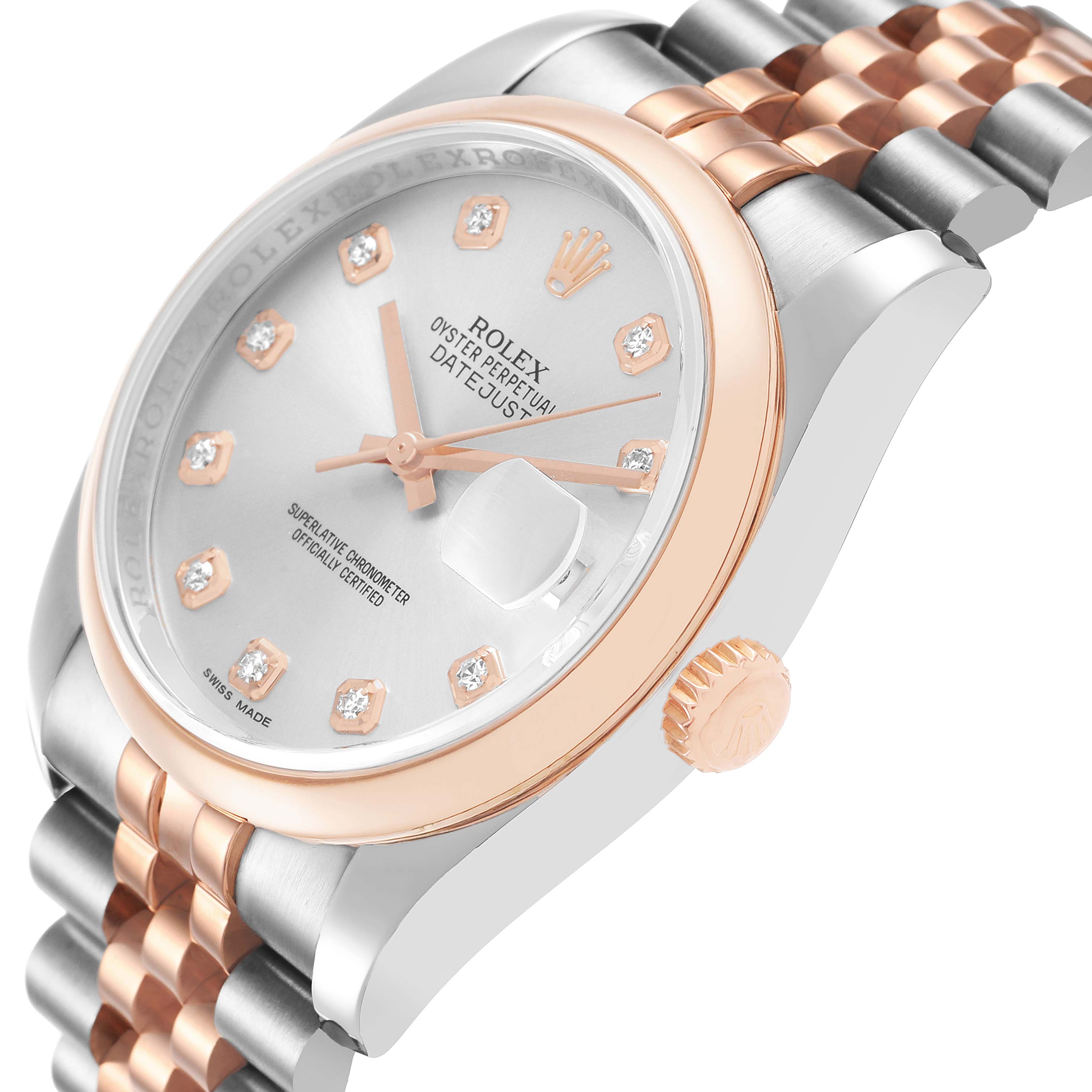 The Rolex Datejust 116201 Men's Steel and Gold (two tone) Silver Dial watch is shown at an angled close-up, displaying the dial, bezel, crown, and part of the bracelet.