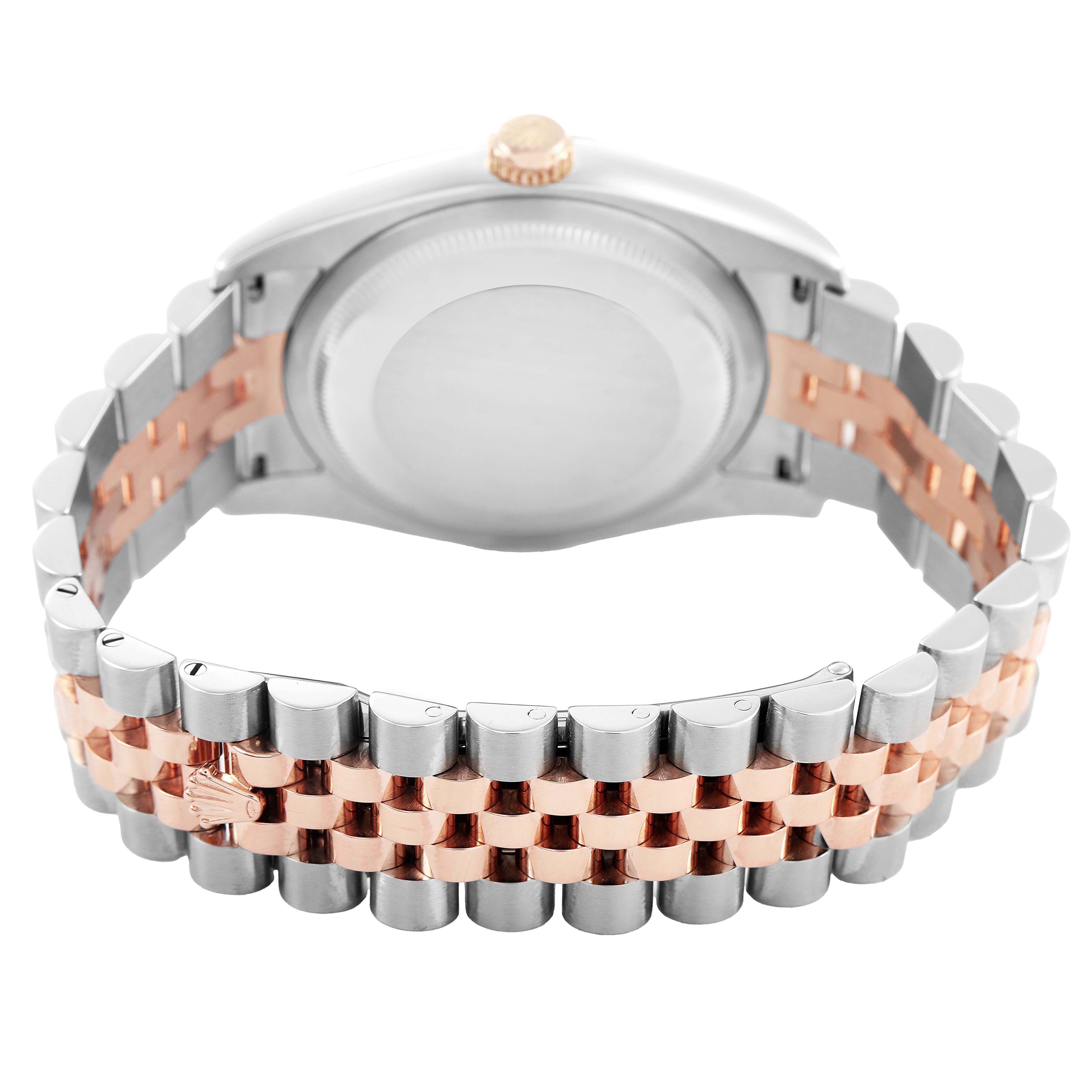 The image shows the back of a Rolex Datejust 116201 Men's Steel and Gold (two tone) Silver Dial watch, highlighting its bracelet clasp and case back from a rear angle.