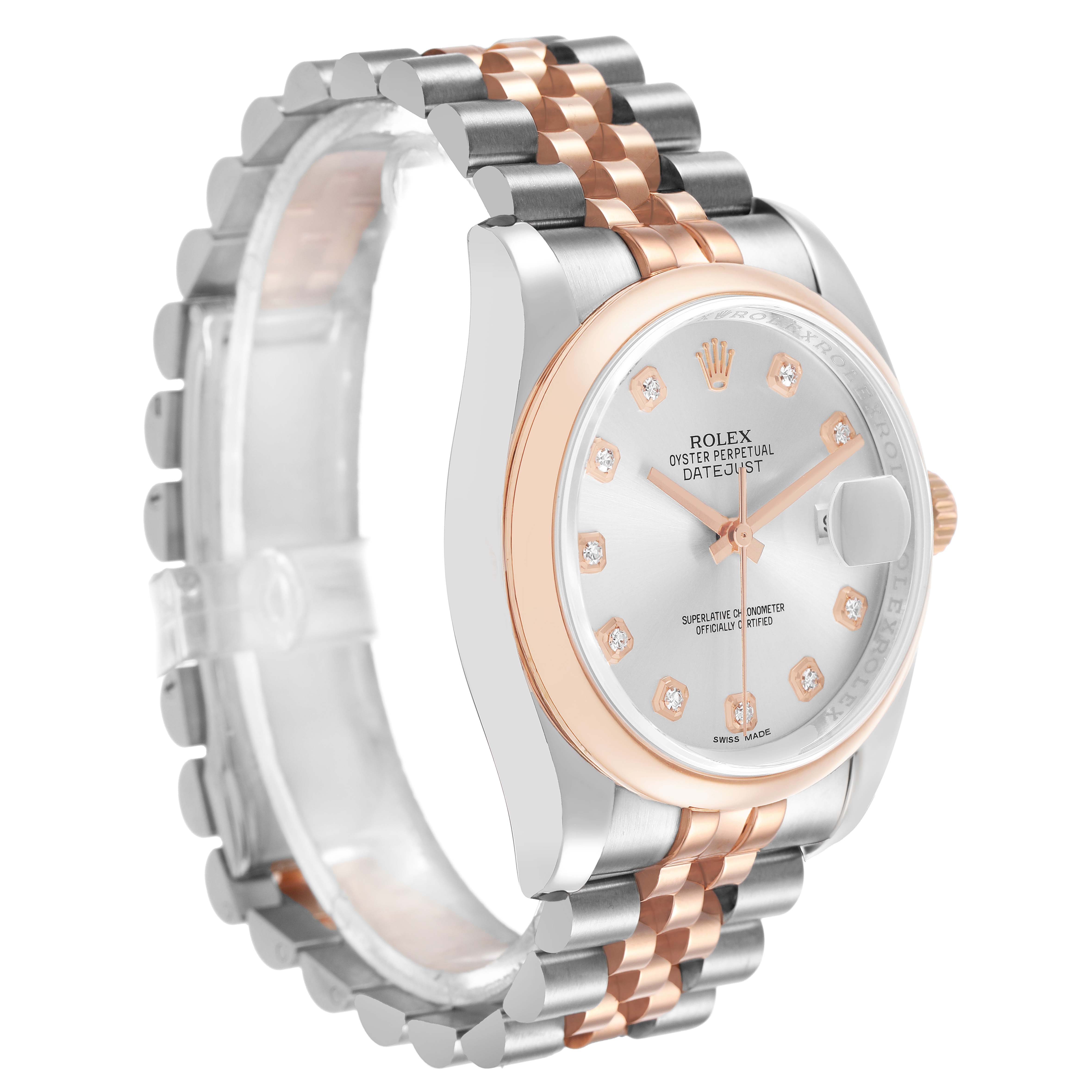 The Rolex Datejust 116201 Men's Steel and Gold (two tone) Silver Dial watch is shown at a side angle, highlighting its two-tone bracelet, bezel, and diamond hour markers.