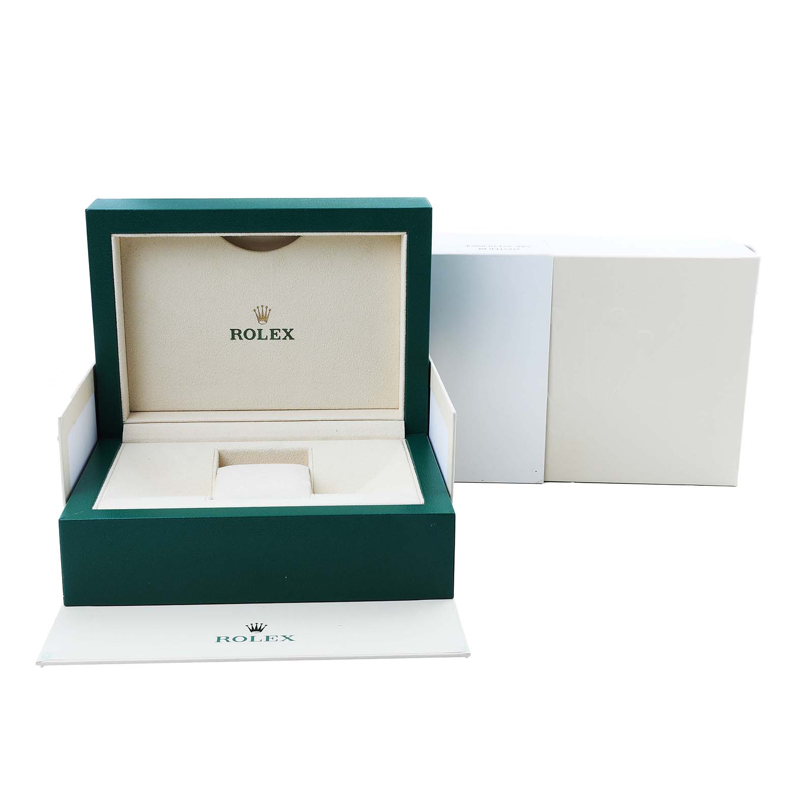 The image shows an open Rolex Datejust 116201 Men's Steel and Gold (two tone) Silver Dial watch box from the front, highlighting the interior and logo.
