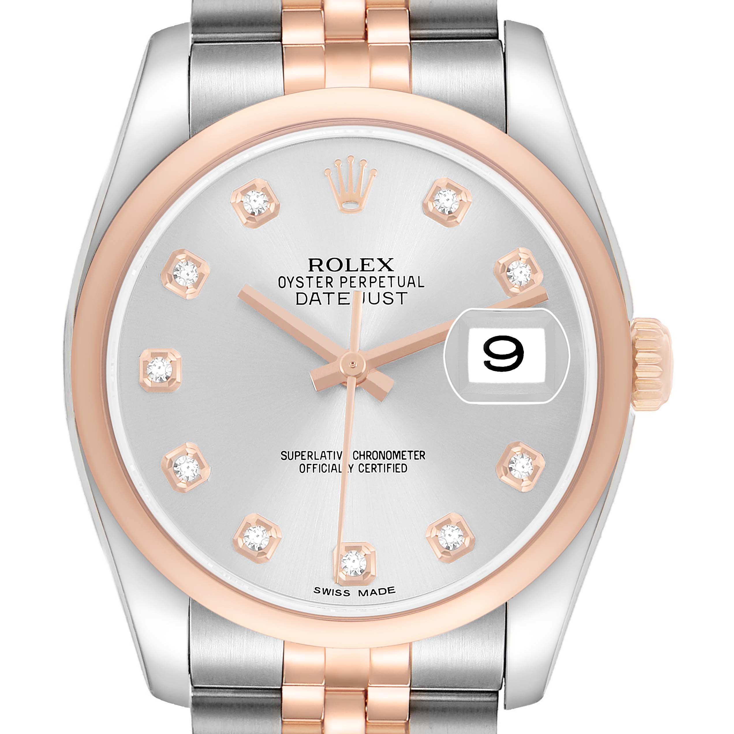 The Rolex Datejust 116201 Men's Steel and Gold (two tone) Silver Dial watch is shown from a front angle, highlighting the dial, bezel, crown, and part of the bracelet.