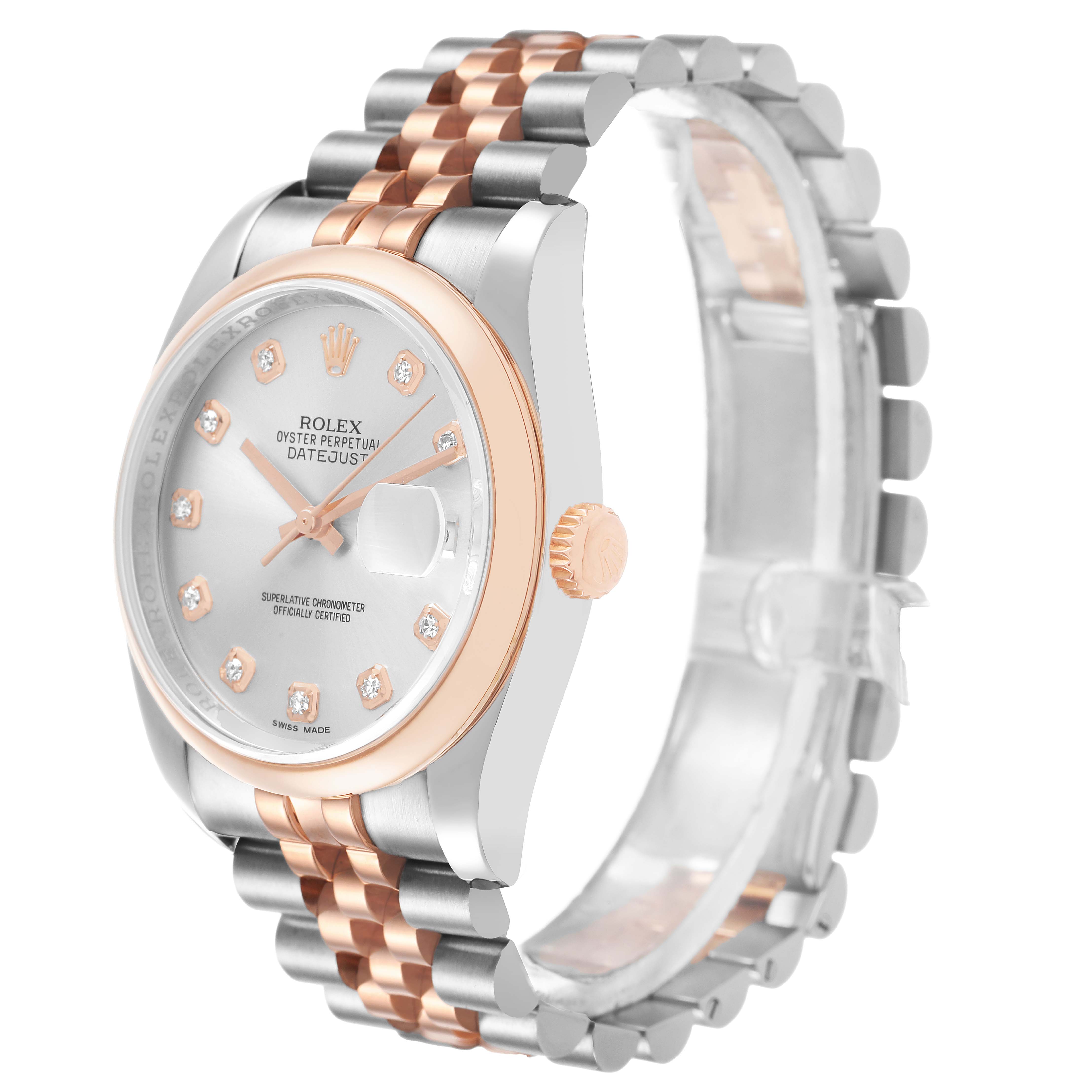 The Rolex Datejust 116201 Men's Steel and Gold (two tone) Silver Dial watch is shown at an angled side view, highlighting its case, dial, bezel, and bracelet.