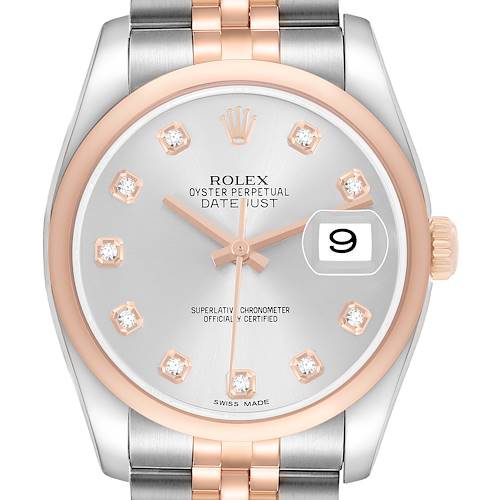 The Rolex Datejust 116201 Men's Steel and Gold (two tone) Silver Dial watch is shown from the front, highlighting the dial, crown, and bracelet.