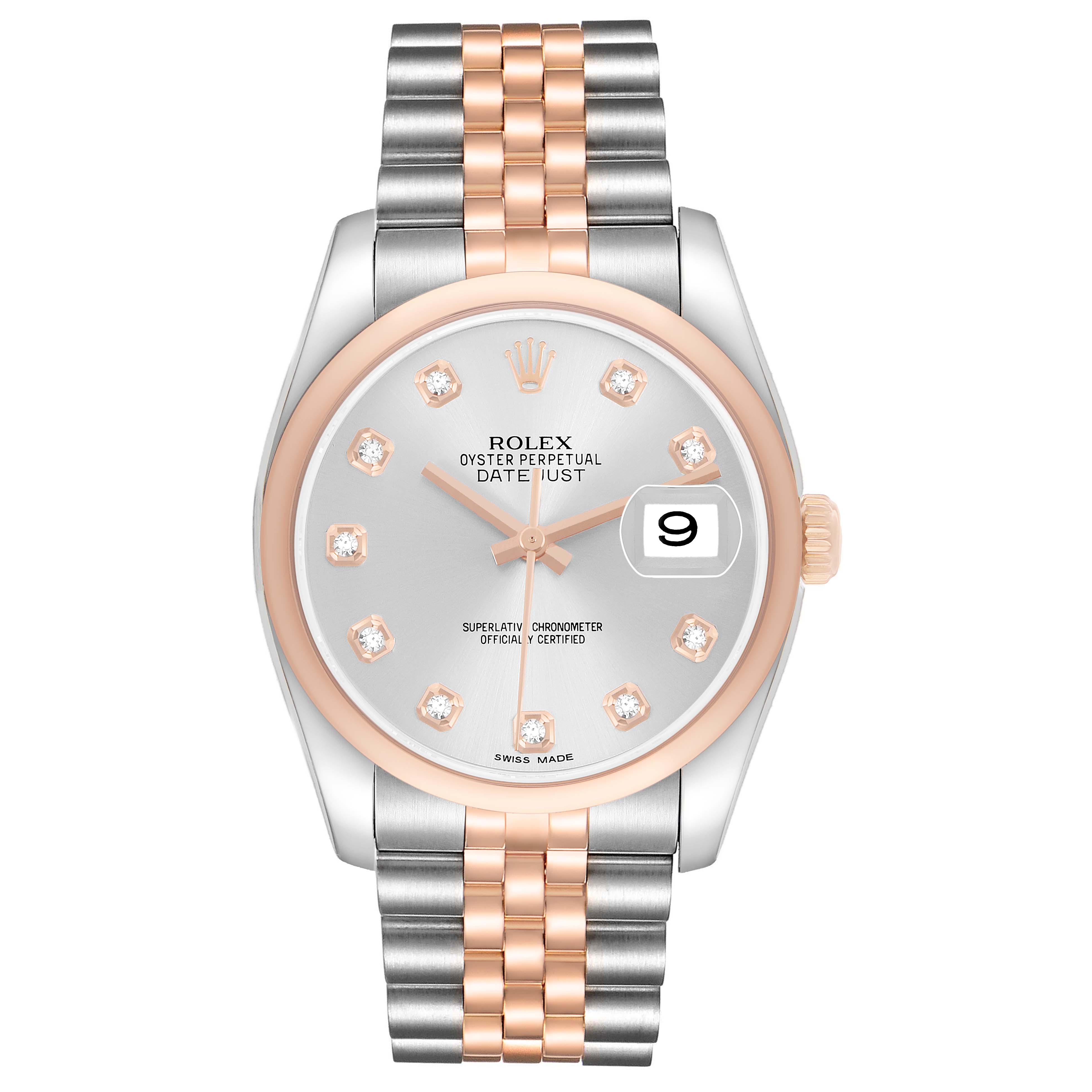 The Rolex Datejust 116201 Men's Steel and Gold (two tone) Silver Dial watch is shown from the front, displaying the dial, bezel, and Jubilee bracelet.