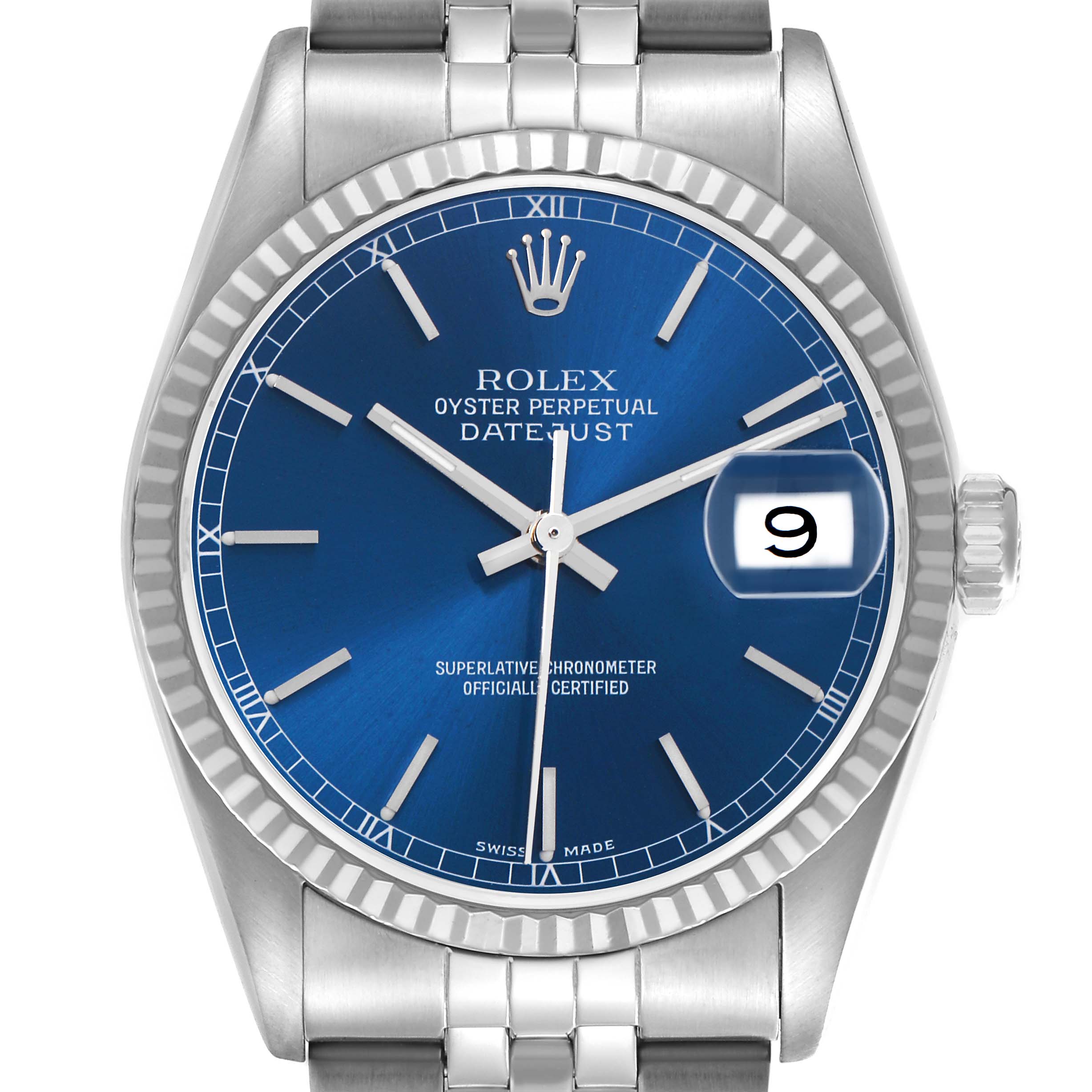 The Rolex Datejust 16234 watch is shown from a front angle, highlighting its blue dial, fluted bezel, and Jubilee bracelet, with a close-up of the date feature.
