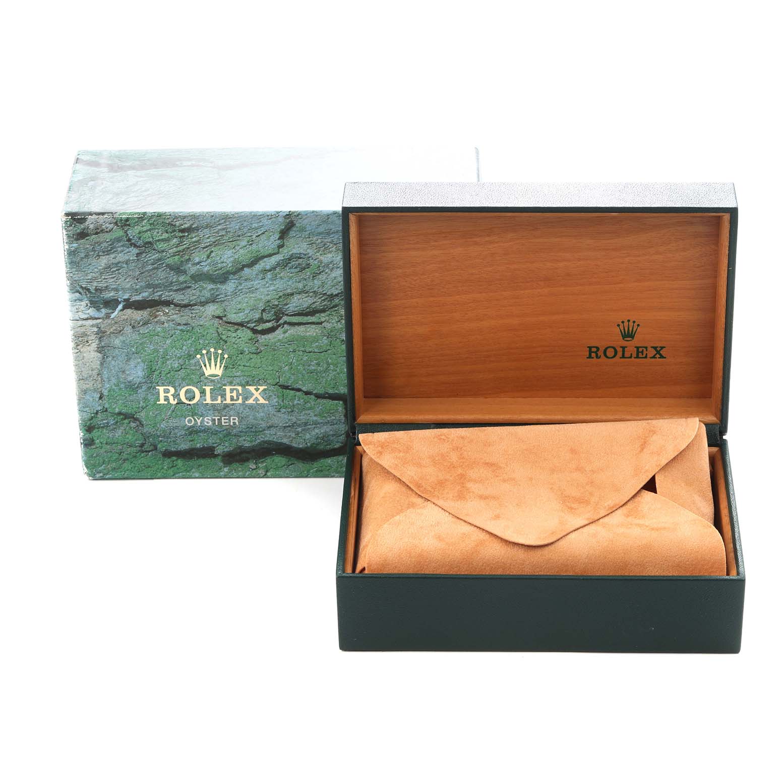 The image shows the packaging of a Rolex Datejust model, model number 16234, including an outer box and an inner presentation box with a suede pouch.