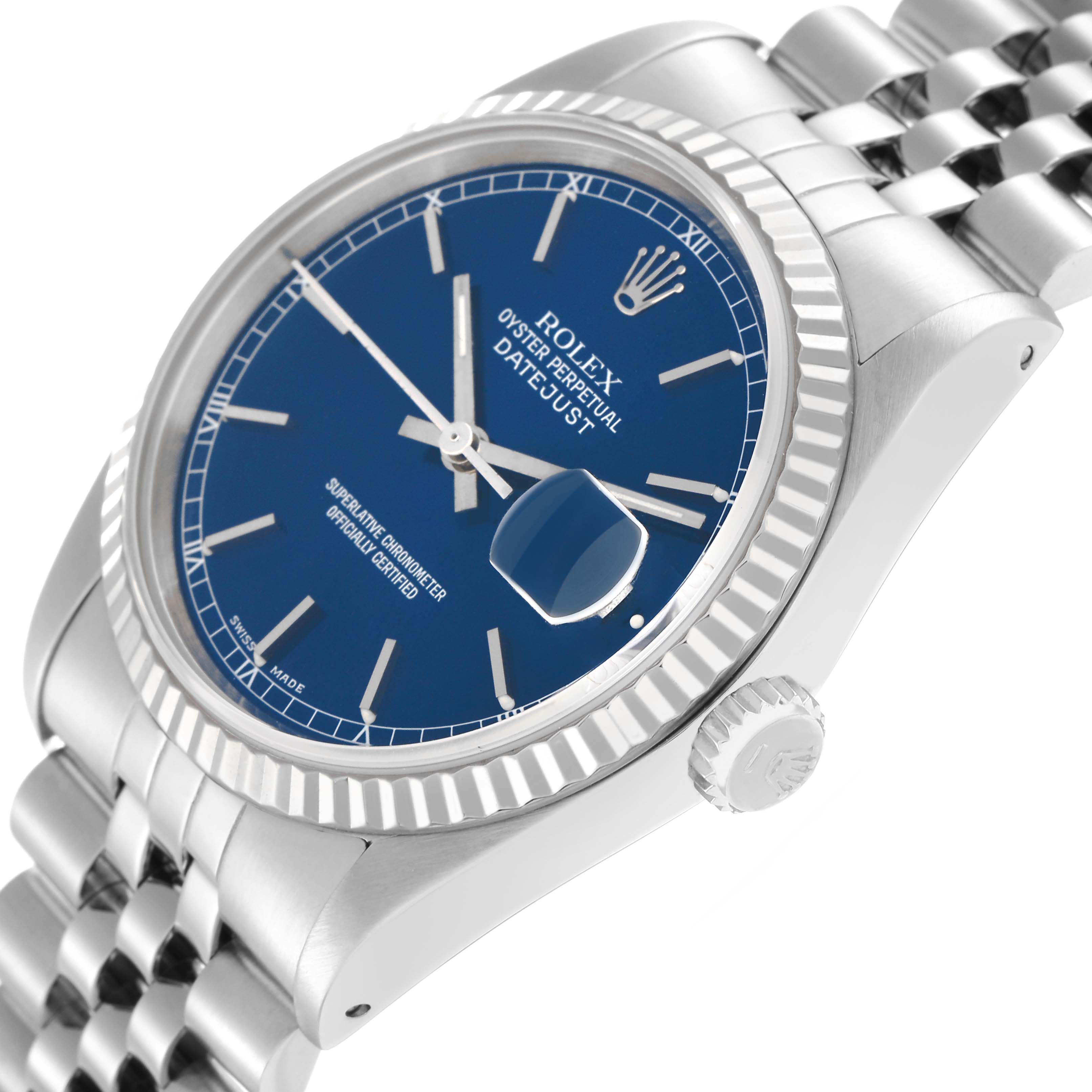 The Rolex Datejust model 16234 is shown from a side angle, highlighting the blue dial, fluted bezel, and Jubilee bracelet.
