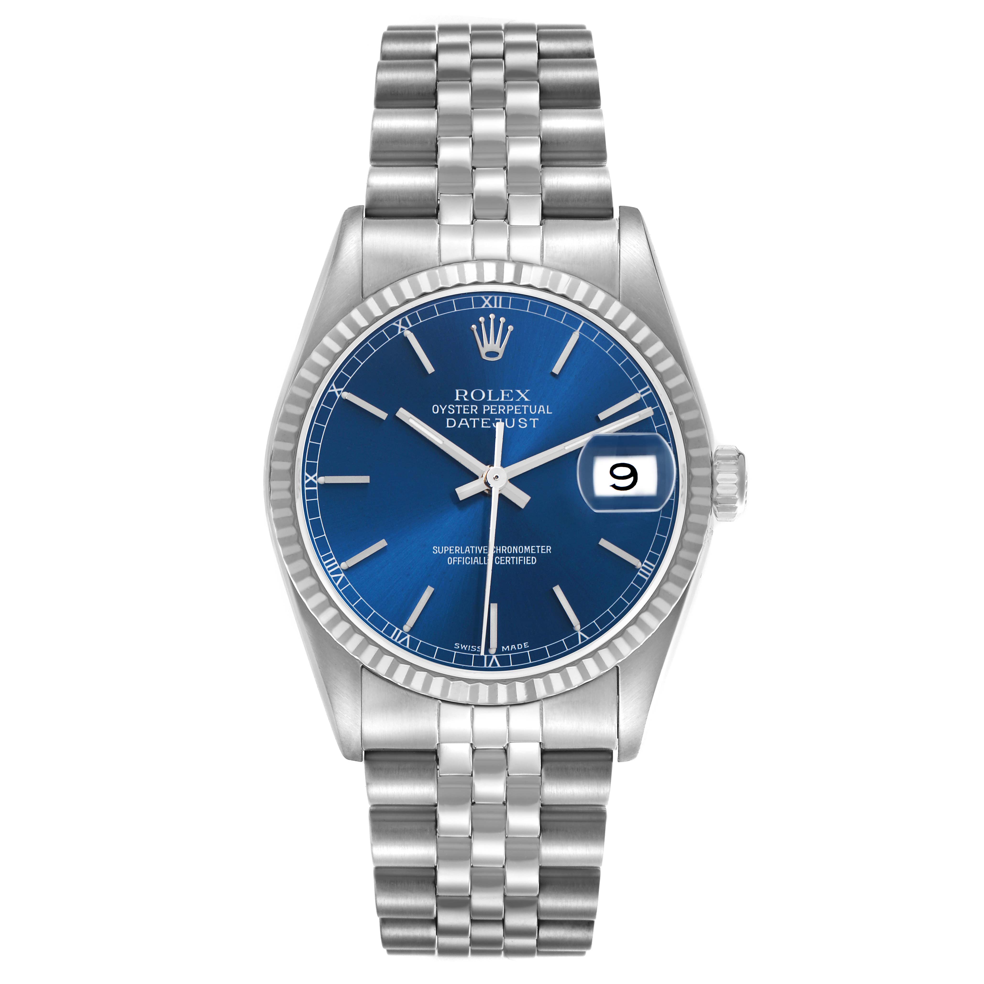 The Rolex Datejust model 16234 men's watch is shown from the front, highlighting its blue dial, fluted bezel, jubilee bracelet, and date window.